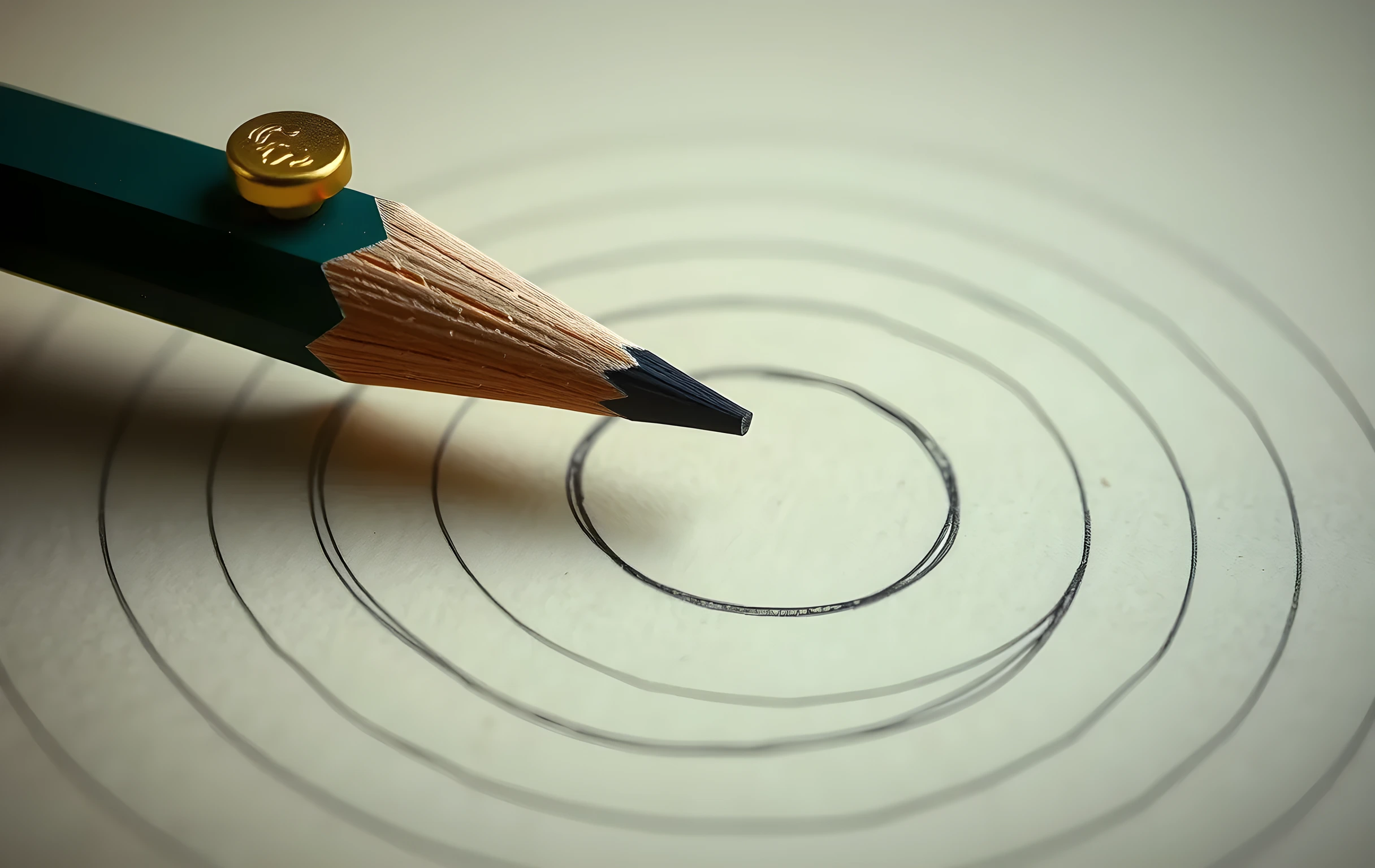 A tight close-up of the sharpened graphite tip of a wooden pencil making fine concentric circles on heavy cream-colored drafting paper. A small round brass weight pins the upper corner of the sheet, holding it flat. The pencil is held at a steep angle, its tip in contact with the paper, leaving a clean dark line mid-circle. The grain of the paper is visible under soft directional light from the left, and the wood shavings from the sharpened tip lie scattered just beyond the drawn lines. Shallow depth of field blurs everything beyond the pencil point