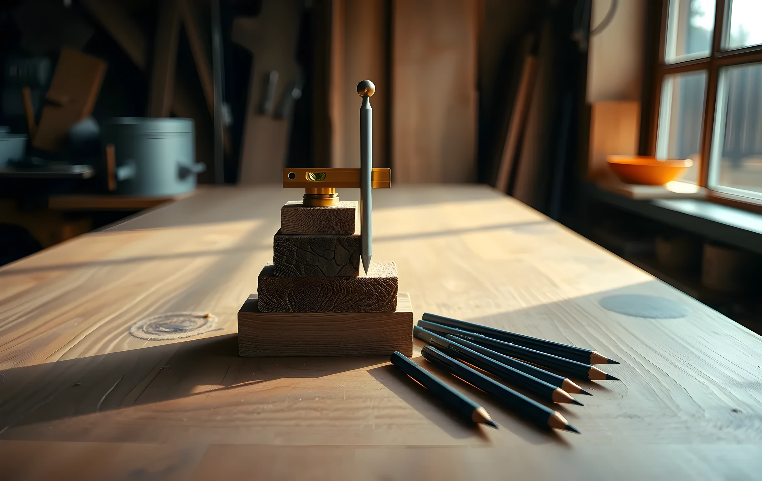 A sunlit workshop bench seen from a low wide angle, with a brass spirit level resting crosswise on three stacked rough-sawn wooden blocks, a steel tuning fork standing upright in its cast base, a small plumb bob hanging from a short leather cord, and six sharpened graphite pencils fanned out beside them. Warm directional light from a high window rakes across the worn oak grain, casting long soft shadows toward the viewer