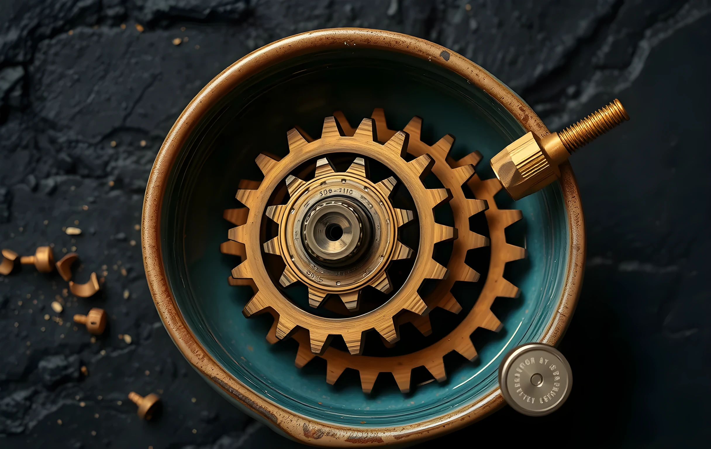 A tight close-up of interlocking copper gears of varying sizes nestled in a shallow glazed ceramic dish, one gear tooth catching a single bright point of golden light, the dish set on rough dark slate with fine metal filings scattered around the rim and a small brass calibration weight balanced on the edge of the largest gear