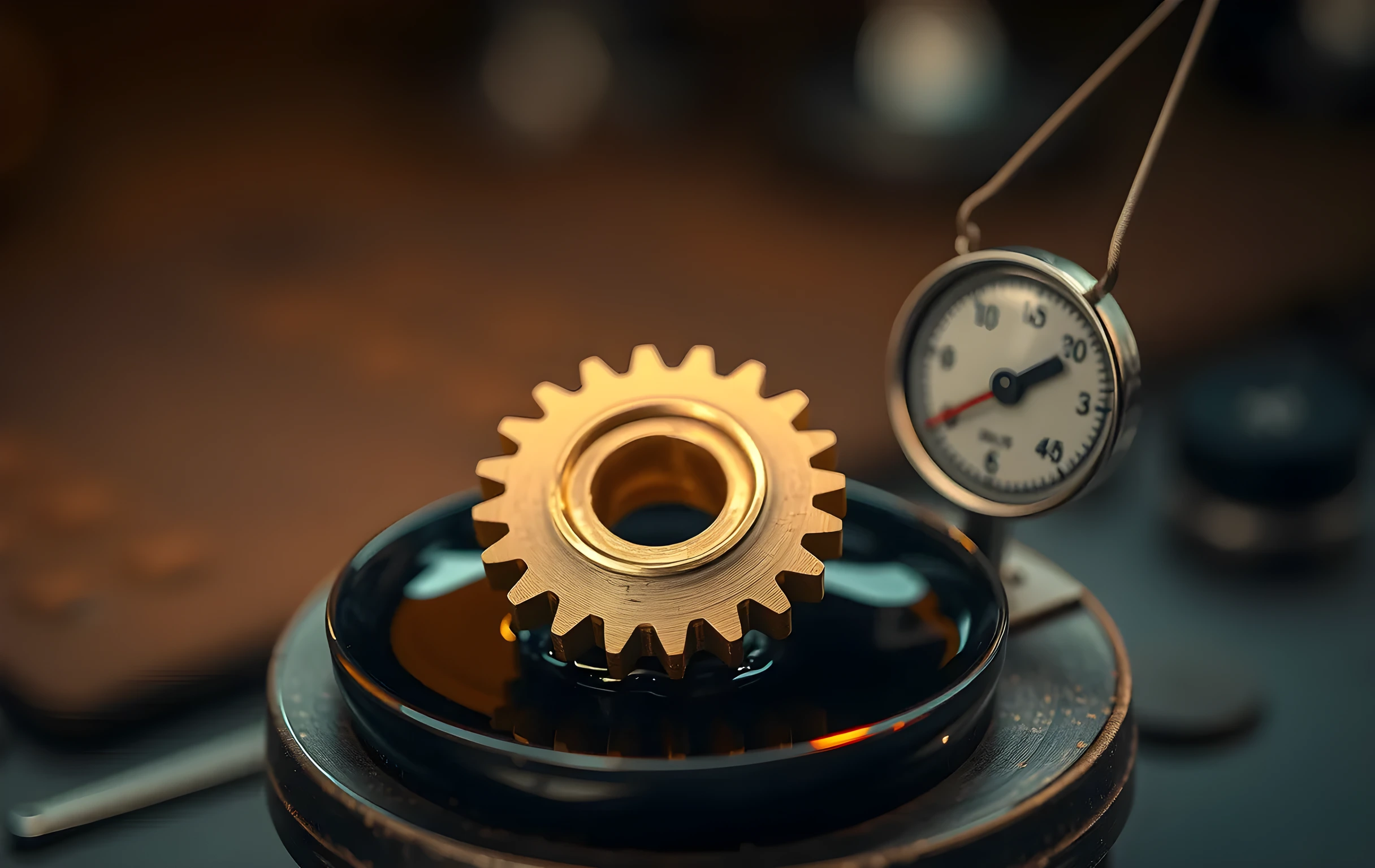 A close macro shot of a single precision-machined brass gear resting in a shallow circular dish of dark machine oil, its cut teeth catching a narrow beam of warm light that creates small prismatic reflections along each edge. Beside the dish sits a tiny steel balance scale with empty pans, its needle perfectly centered. The background dissolves into a soft gradient of deep amber and warm brown tones suggesting a workshop interior far out of focus. The oil's surface tension forms a crisp meniscus around the gear's base. No text, no screens, no hands, no people