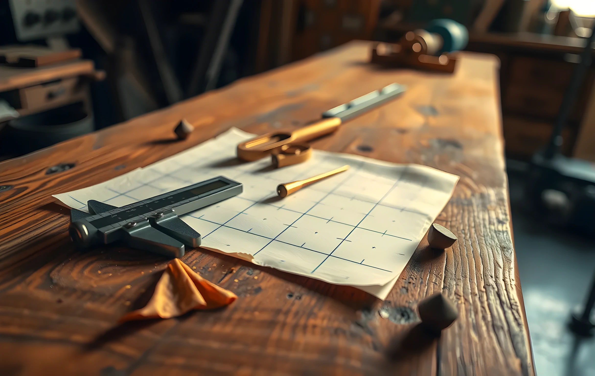 A long weathered oak workbench bathed in warm amber late-afternoon light, with a steel machinist's caliper, a small brass tuning fork, and a spirit level laid diagonally across a sheet of heavy cream cotton paper bearing fine etched geometric grid lines, scattered brass shavings and a few turned wooden dowels resting near the bench edge, shallow depth of field pulling focus to the center instruments while the far end dissolves into soft warm bokeh