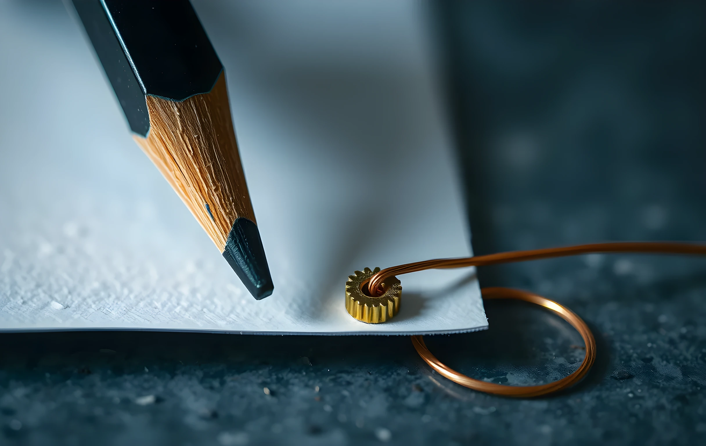Extreme macro close-up of a single sharpened graphite pencil tip pressing lightly into textured cotton paper, beside a tiny polished brass gear with visible teeth and a short coiled length of thin copper wire, cool blue-grey directional studio lighting from the upper left casting long precise shadows, background dissolves entirely into indistinct soft bokeh of muted steel and slate tones, no text or readable markings anywhere in frame