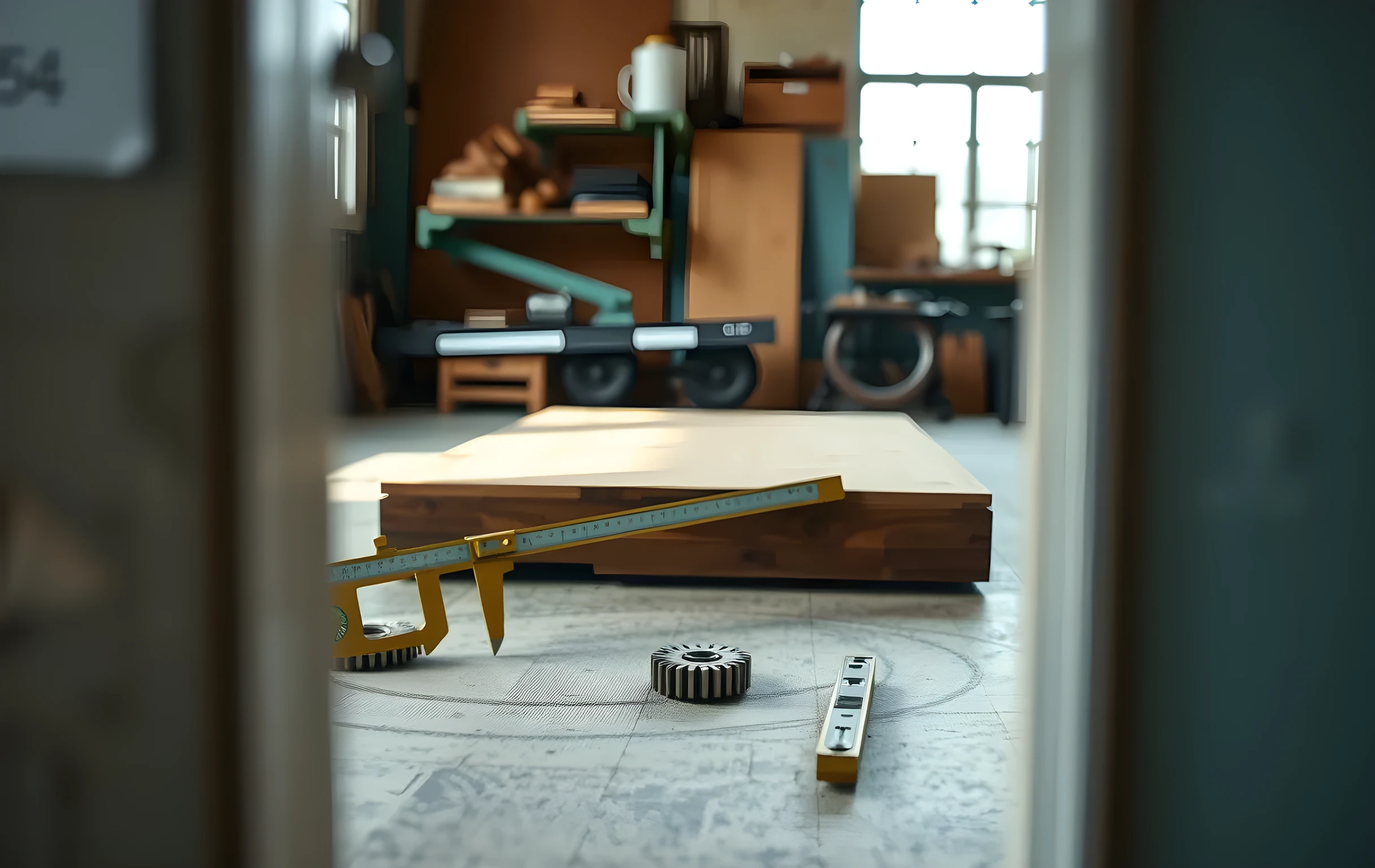 A wide, sunlit workshop environment featuring brass calipers resting on a worn wooden drafting table, surrounded by scattered metal gear wheels and a precision spirit level arranged in concentric patterns across the floor
