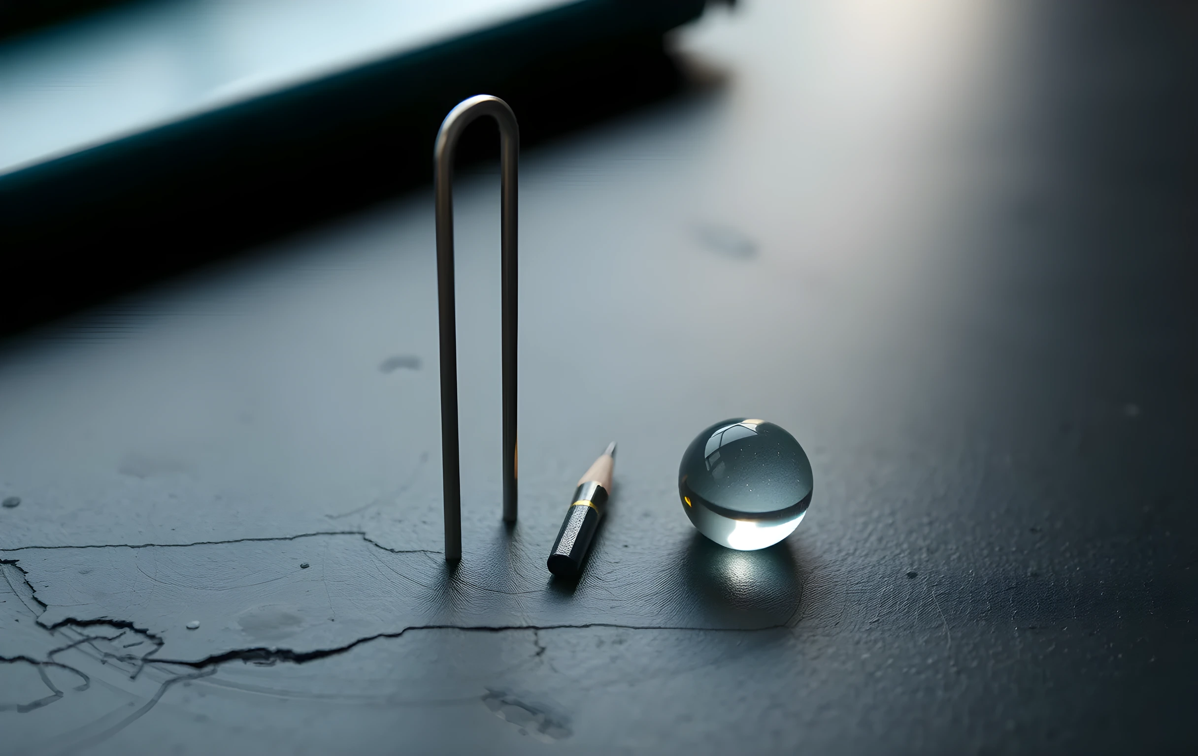 A close detail shot of a single steel tuning fork standing upright beside a sharpened graphite pencil tip and a small glass marble, all positioned on a dark slate surface under directional morning light