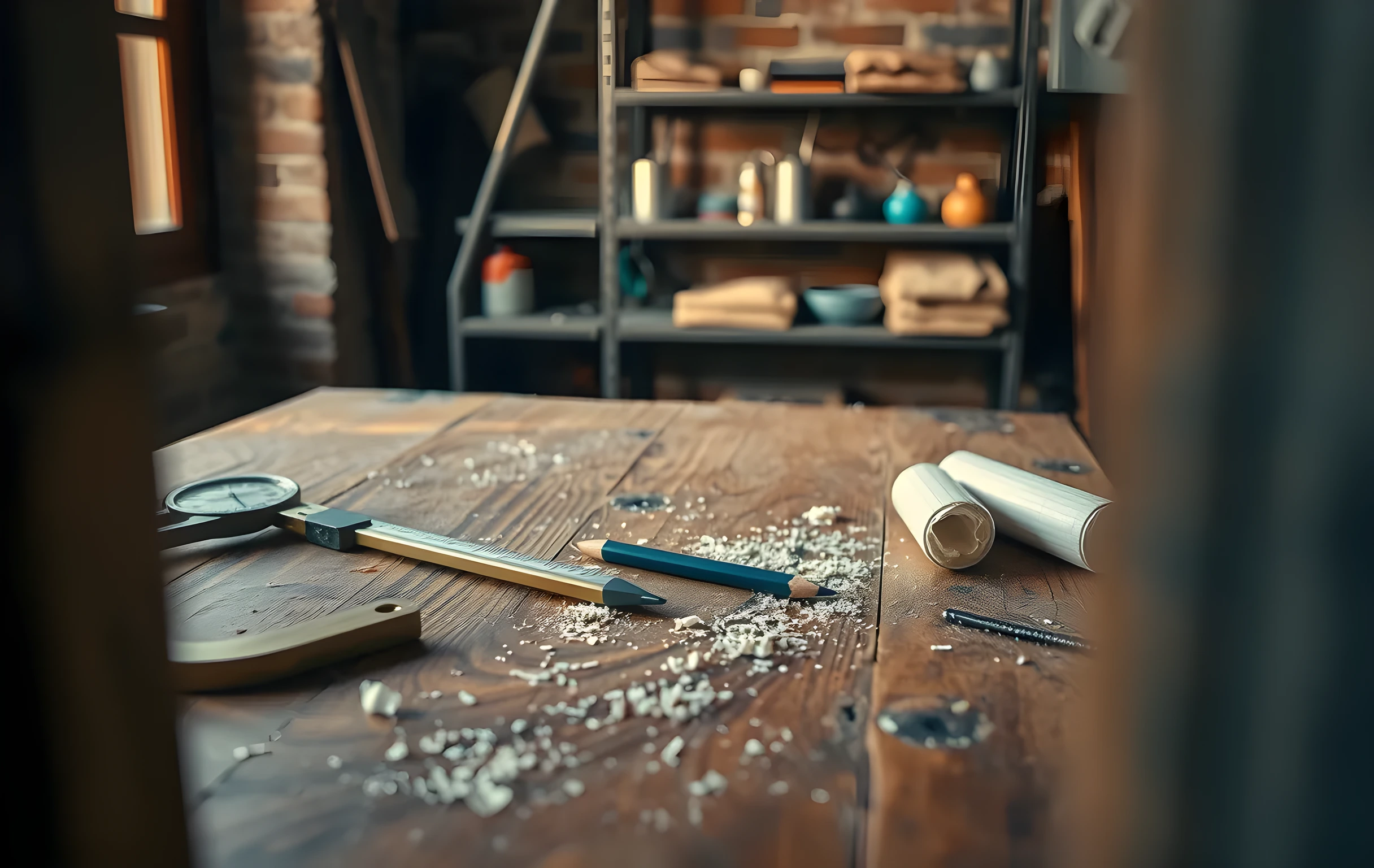 A worn oak drafting table in a small workshop, viewed from a slight angle, with brass calipers, a steel spirit level, a tuning fork, and two rolled blueprint tubes scattered among fine graphite shavings and a single sharpened pencil. Warm morning light enters from a high narrow window on the left, casting long soft shadows across the wood grain. The background is a low brick wall with a metal shelf holding small oil cans and folded rags. No people, no text, no screens