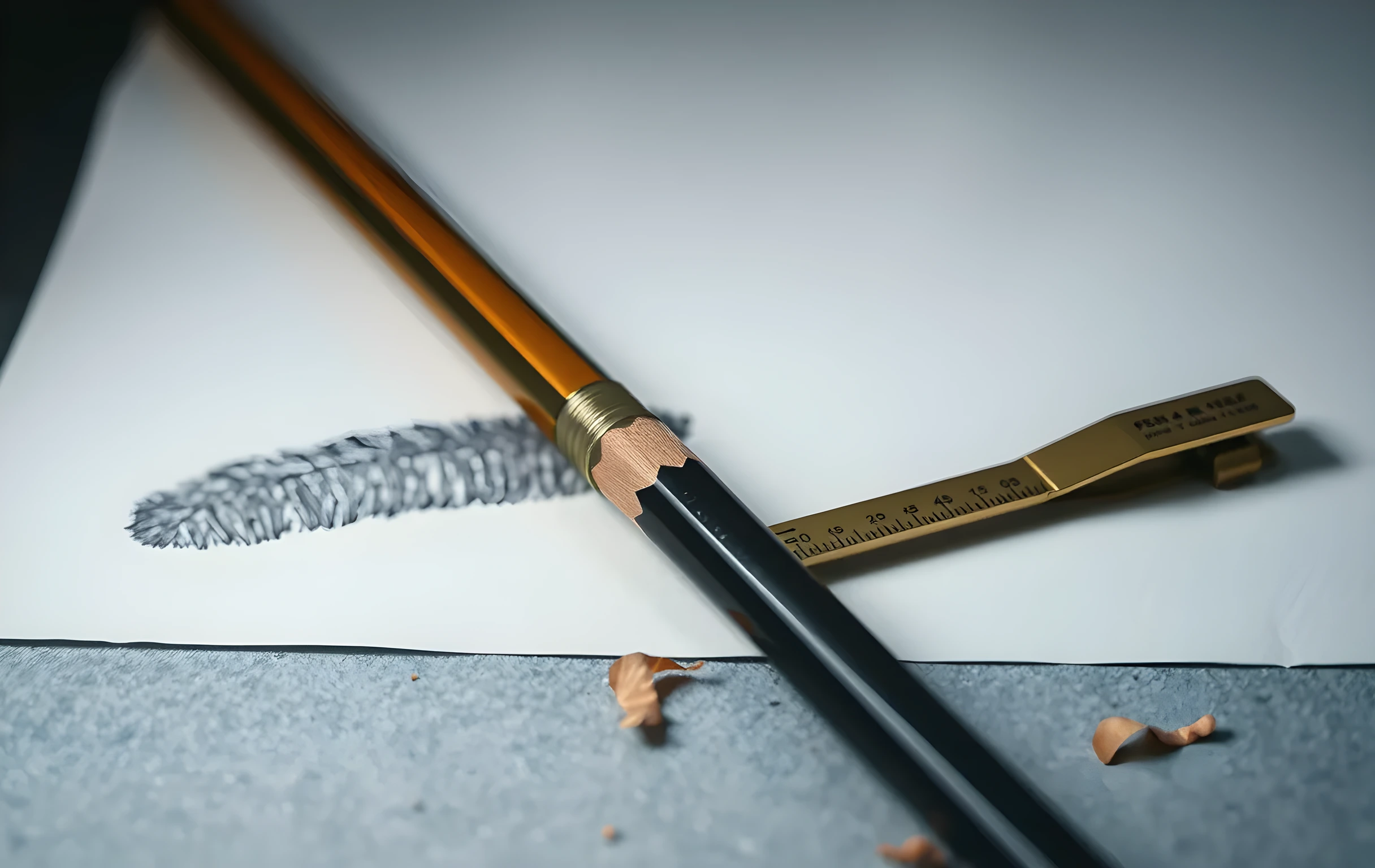 An extreme close-up of a freshly sharpened 2B pencil lying diagonally across a sheet of heavy cotton drawing paper, its graphite tip having left a short dark stroke with visible grain texture. Beside it rests a small brass vernier caliper, slightly open, on a flat slate surface. Fine wood shavings from the sharpening curl loosely around the pencil body. Soft diffused light from above creates gentle highlights on the metal and the paper fibers. No people, no text, no screens