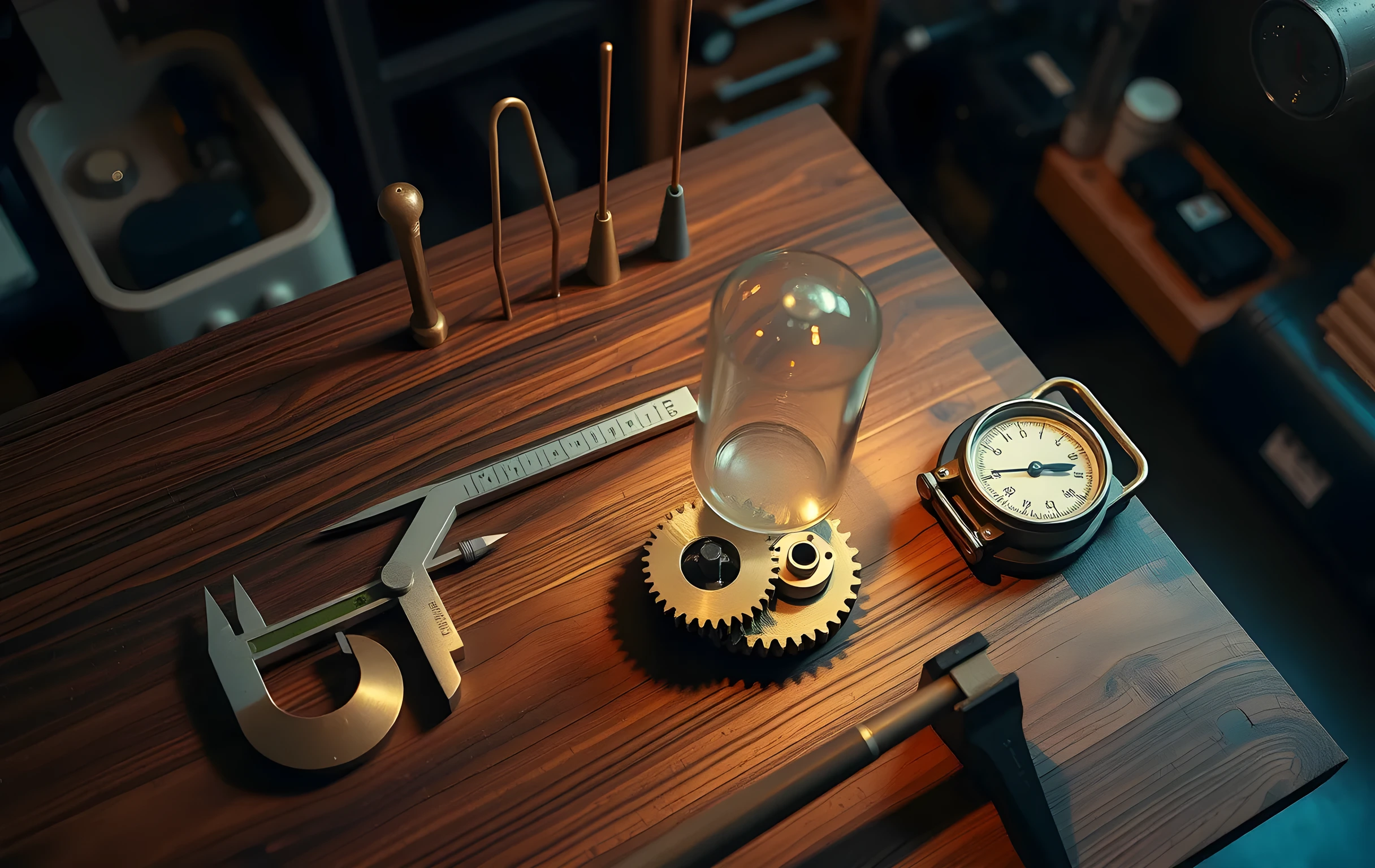 A well-lit maker's workshop bench viewed from a slight three-quarter angle, showing an array of precision instruments arranged in loose order on dark walnut wood: steel calipers with jaws slightly open, three brass tuning forks of graduated sizes standing upright, a glass spirit level with the bubble centered, interlocking copper and iron gears of varying diameters, and a small brass weighing scale. Warm tungsten overhead light casts long soft shadows across the wood grain. Background dissolves into deep shadow. No text, no screens, no people