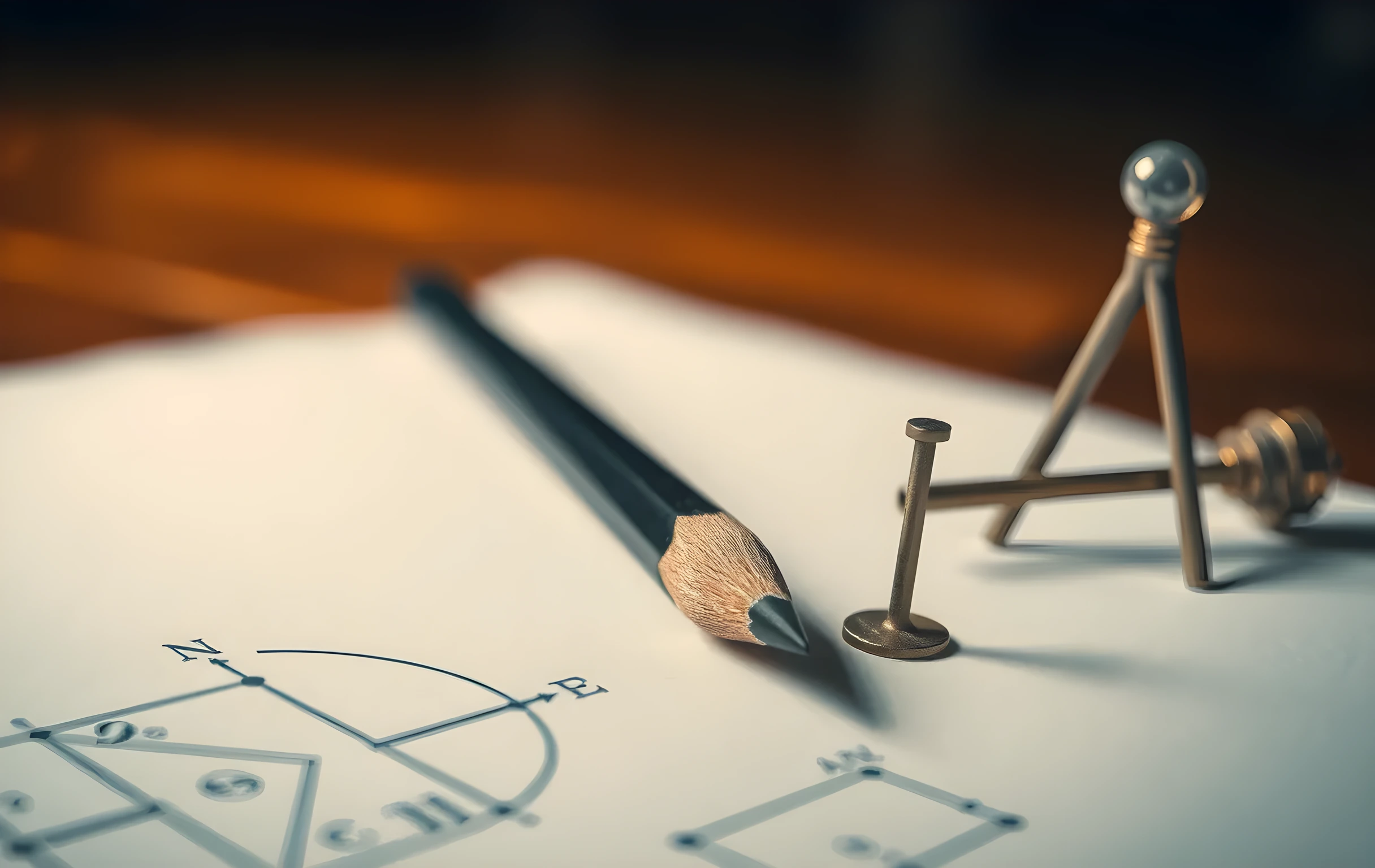 Extreme close-up shot with very shallow depth of field: a single sharpened graphite pencil lying diagonally across a sheet of fine cream drafting paper marked with faint geometric construction lines and compass arcs, its tip in razor-sharp focus. Beside it rest a tiny brass caliper and a small steel tuning fork standing on its base. The background is a smooth warm amber bokeh. No text, no screens, no people, no hands