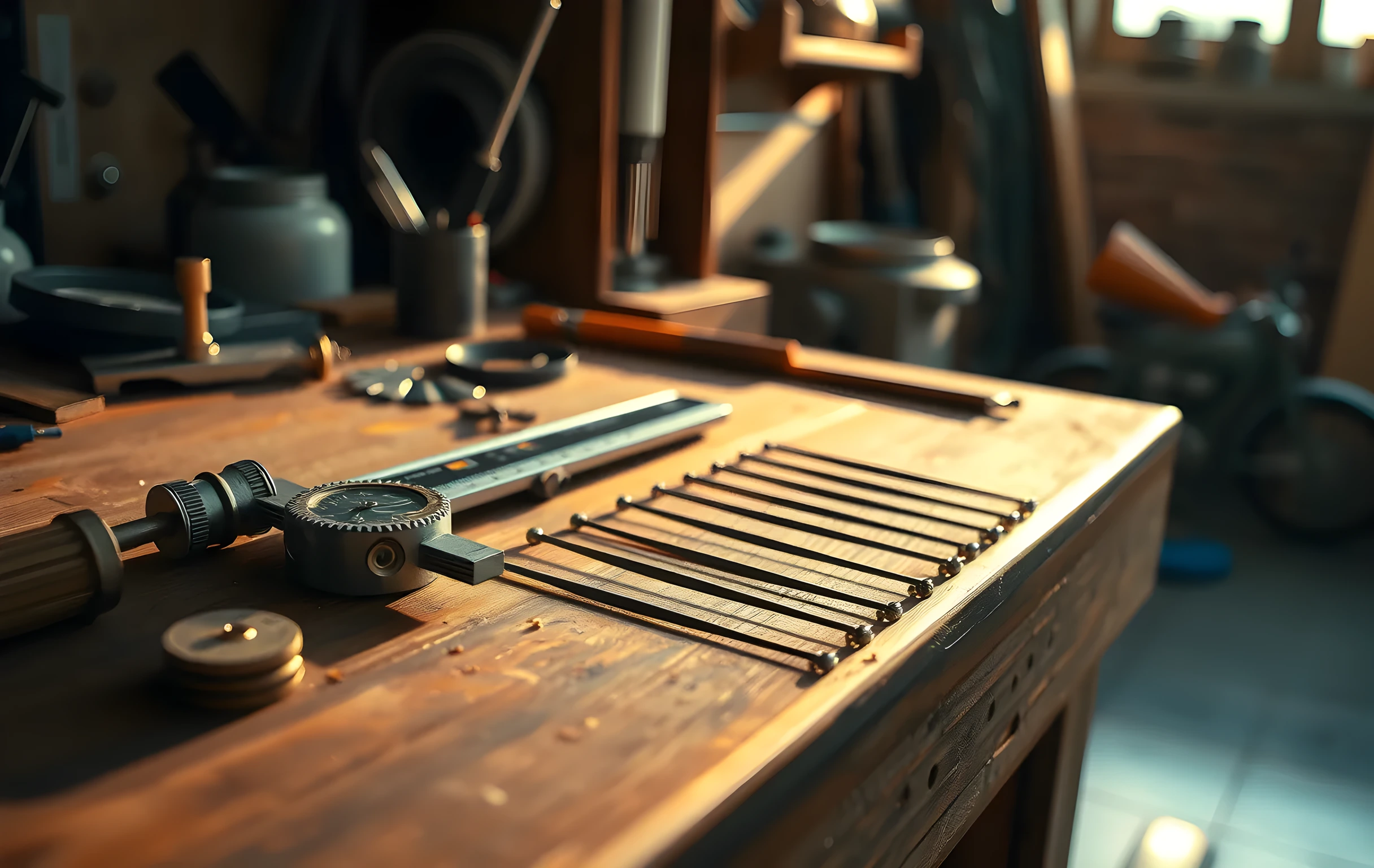 A sunlit precision workshop bench seen from a slight elevated angle, holding an assortment of brass calipers, small interlocking steel gears, a spirit level, and three tuning forks of varying length arranged in a loose row across the worn wooden surface, warm late-afternoon light streaming from one side casting long soft shadows, a few tiny metal shavings scattered naturally, the background falling into gentle warm bokeh