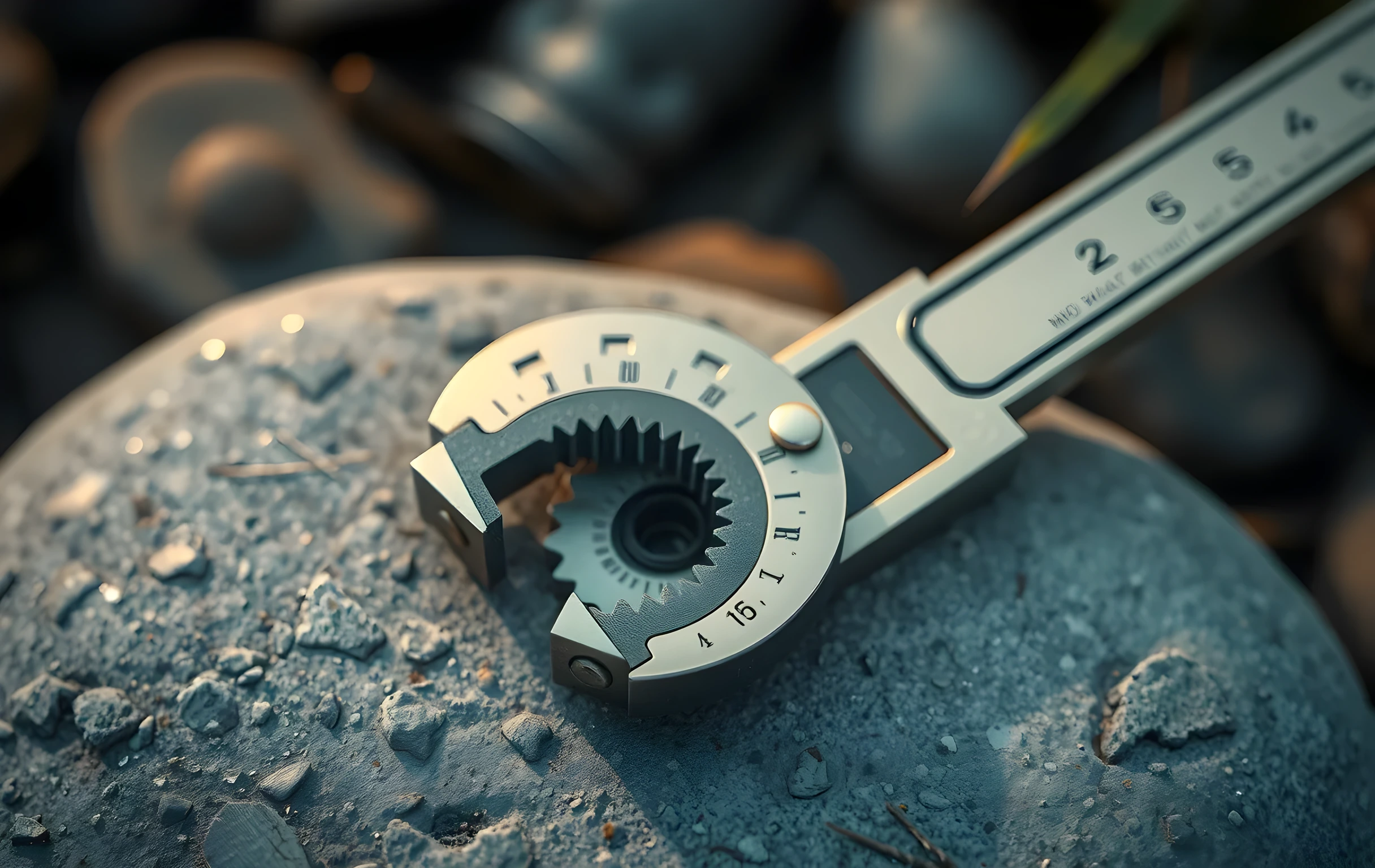 Extreme close-up of a single brass caliper jaw resting gently on a smooth grey river stone, a small precision steel gear nested beside it with visible teeth catching the light, shallow depth of field blurring the background into soft amber and cream tones, cool morning light raking across the metal edges highlighting fine machining marks, no text or markings visible