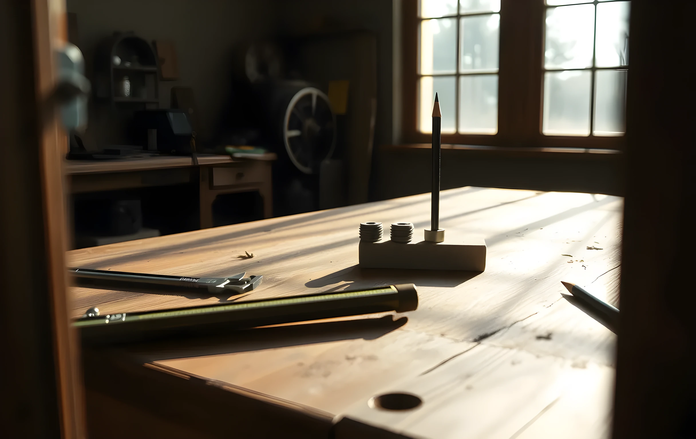 A wide view of a worn oak workbench in a sunlit artisan workshop, seen from across the room at slight angle. On the bench surface: a brass spirit level lying flat, a pair of steel calipers with jaws half-open, three small machined gears arranged in a graduated row by size, a tuning fork standing upright in a rough ceramic block, and a sharpened drafting pencil resting diagonally across the wood grain. Warm late-afternoon light pours through a tall side window, casting long soft shadows. The room feels deliberate, precise, lived-in. No text, no screens, no people