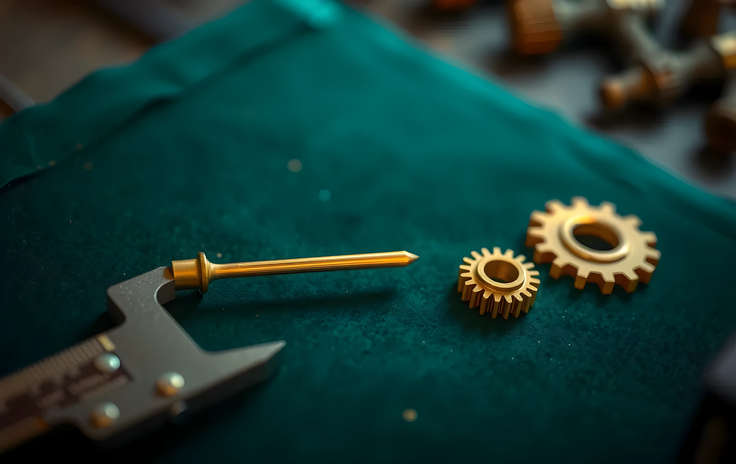 Extreme close-up, shallow depth of field: a single brass tuning fork lying flat on a square of deep emerald-green velvet, its two prongs catching warm amber light and showing fine machining lines. Beside it, the serrated edge of one steel caliper jaw and a tiny machined brass gear with twenty visible teeth. The velvet shows individual woven fibers in the foreground; the background dissolves into soft warm bokeh of indistinct workshop shapes. Intimate, tactile, exacting. No text, no screens, no people, no hands