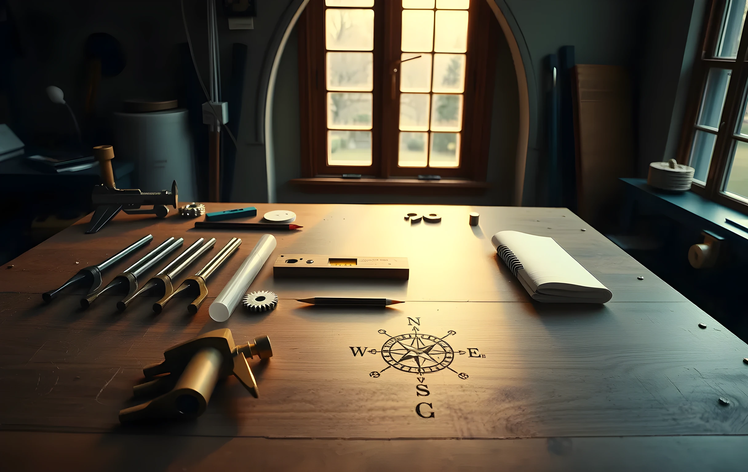 A wide workshop bench in warm morning light from a tall arched window, the surface cluttered with brass calipers of three sizes, a row of tuning forks graduated by length, a wooden spirit level resting across a stack of rolled drafting paper, small steel gears scattered near the edge, and a single sharpened pencil balanced point-down beside a half-etched geometric compass rose carved into the bench top. Dust motes float in the shaft of light. No text, no screens, no people