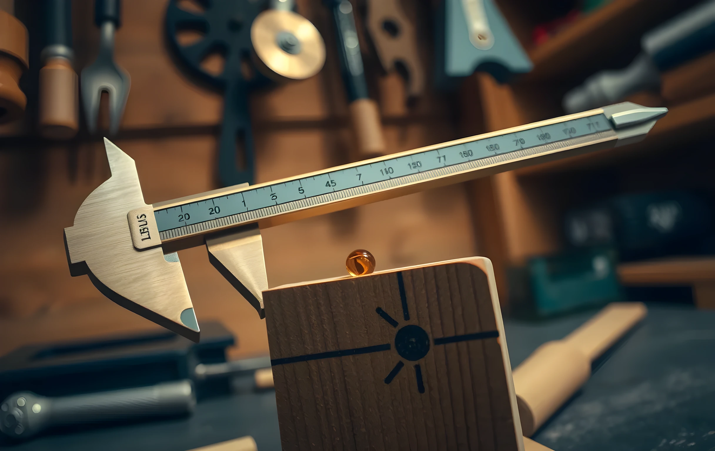 An intimate close-up of a brass caliper laid across the open tines of a tuning fork, both resting on a small block of pale wood chiseled with fine measurement notches. A single bead of machine oil catches the amber light on the caliper's lower jaw. The background dissolves into a soft warm bokeh of hanging workshop tools and wooden shelving. Shallow depth of field. No text, no screens, no hands, no faces