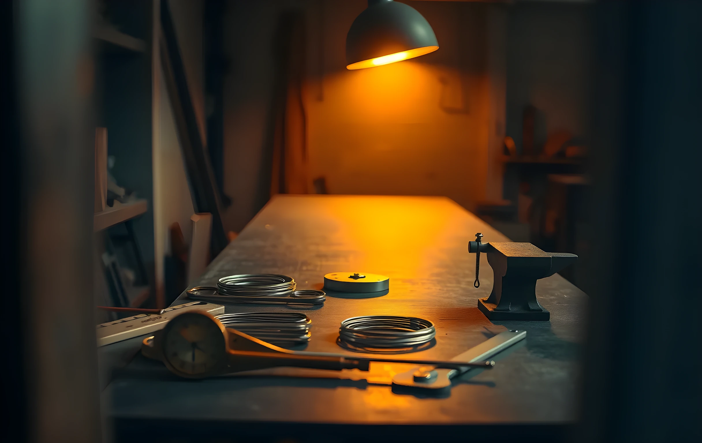 A long steel workbench stretching into warm amber haze in a dim industrial workshop, scattered with brass calipers, tuning forks of varying lengths, a wooden spirit level, coiled copper wire, and a small anvil, all catching a single overhead tungsten light that throws long sharp shadows across the brushed metal surface