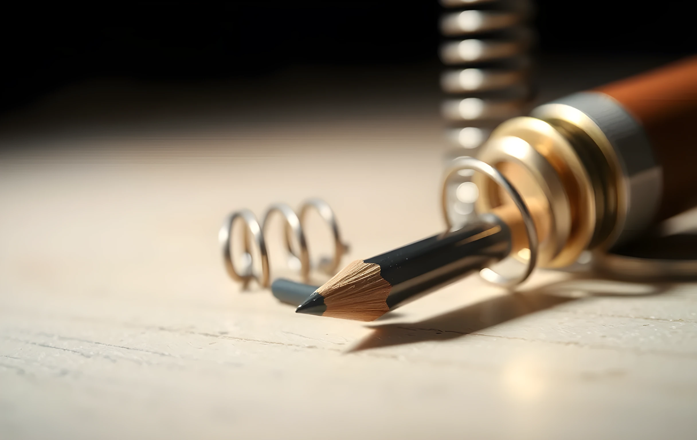 A single sharpened graphite pencil tip resting on smooth pale wood beside a compact brass vernier caliper and a tightly wound steel spring, extremely shallow depth of field with soft cool morning light entering from the left edge, everything in crisp metallic and wooden texture