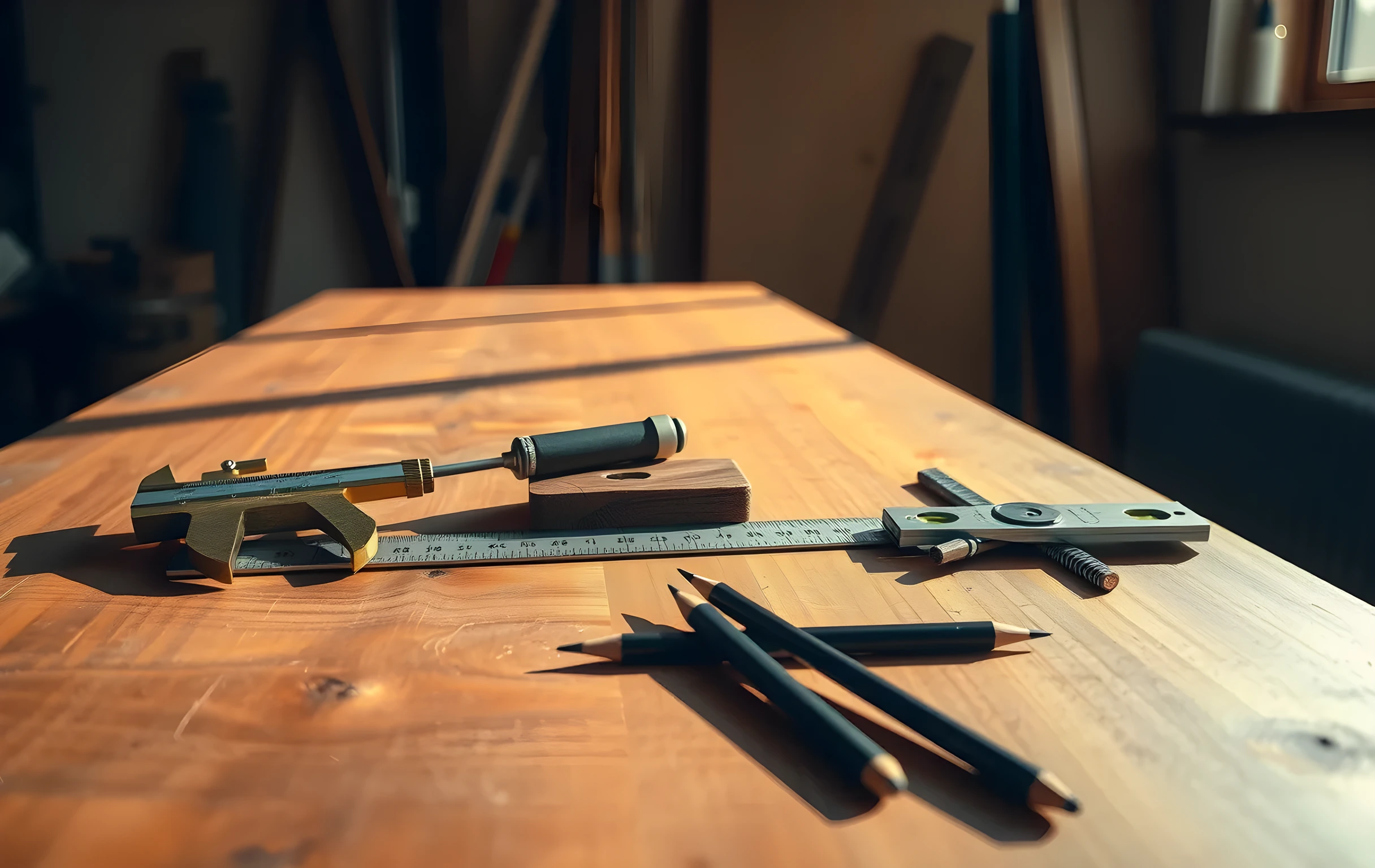 A sunlit wooden workshop bench viewed from a low three-quarter angle, brass calipers spread open across a flat steel ruler, a tuning fork resting on a small carved walnut block, three spirit levels of varying sizes stacked at different angles showing their circular bubbles, and four sharpened graphite drafting pencils scattered in a rough cross pattern across the grain, warm golden afternoon light streaming from the left casting long soft shadows, shallow depth of field blurring the back wall