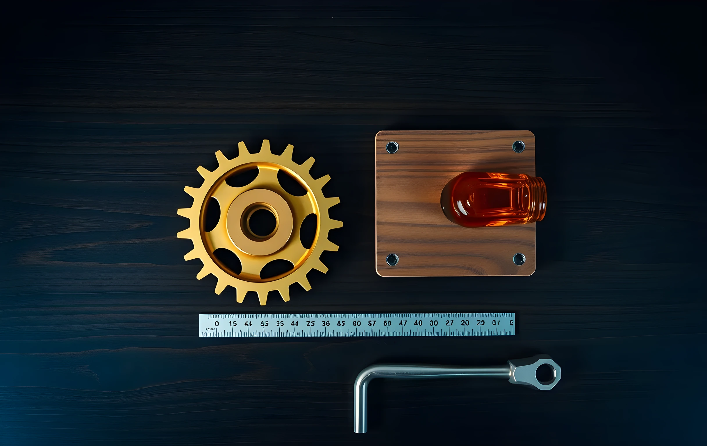 A tight overhead flat-lay on dark oiled walnut wood showing two interlocking brass gears with fine teeth meshed together, a slim machinist's scale with evenly spaced tick marks lying parallel beside them, a small glass vial of amber machine oil catching a single bright highlight, and one precision hex key resting at a forty-five degree diagonal, cool blue-toned directional light from above creating crisp micro-shadows in the gear teeth