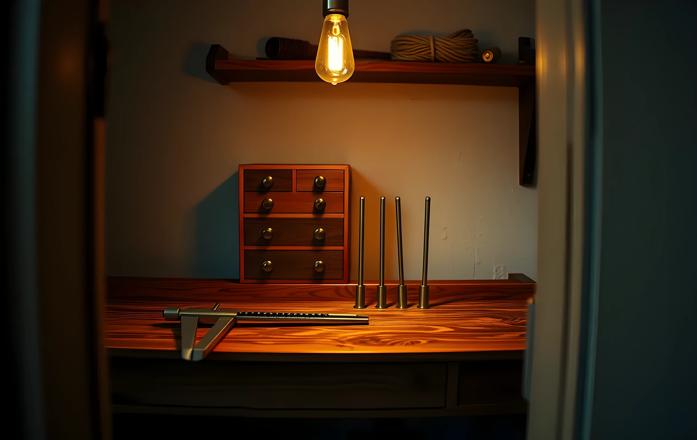 A wide view of a dimly lit maker's workshop bench built from aged oak, holding a pair of brass calipers, a small steel spirit level, and three tuning forks of graduated length arranged in a row. A single warm tungsten bulb hangs overhead casting long amber shadows across the wood grain. Behind the bench, shallow wooden drawers with round brass pulls are stacked neatly against a plaster wall, and a coil of waxed linen cord rests on a shelf above. The scene feels quiet, precise, and hand-tended