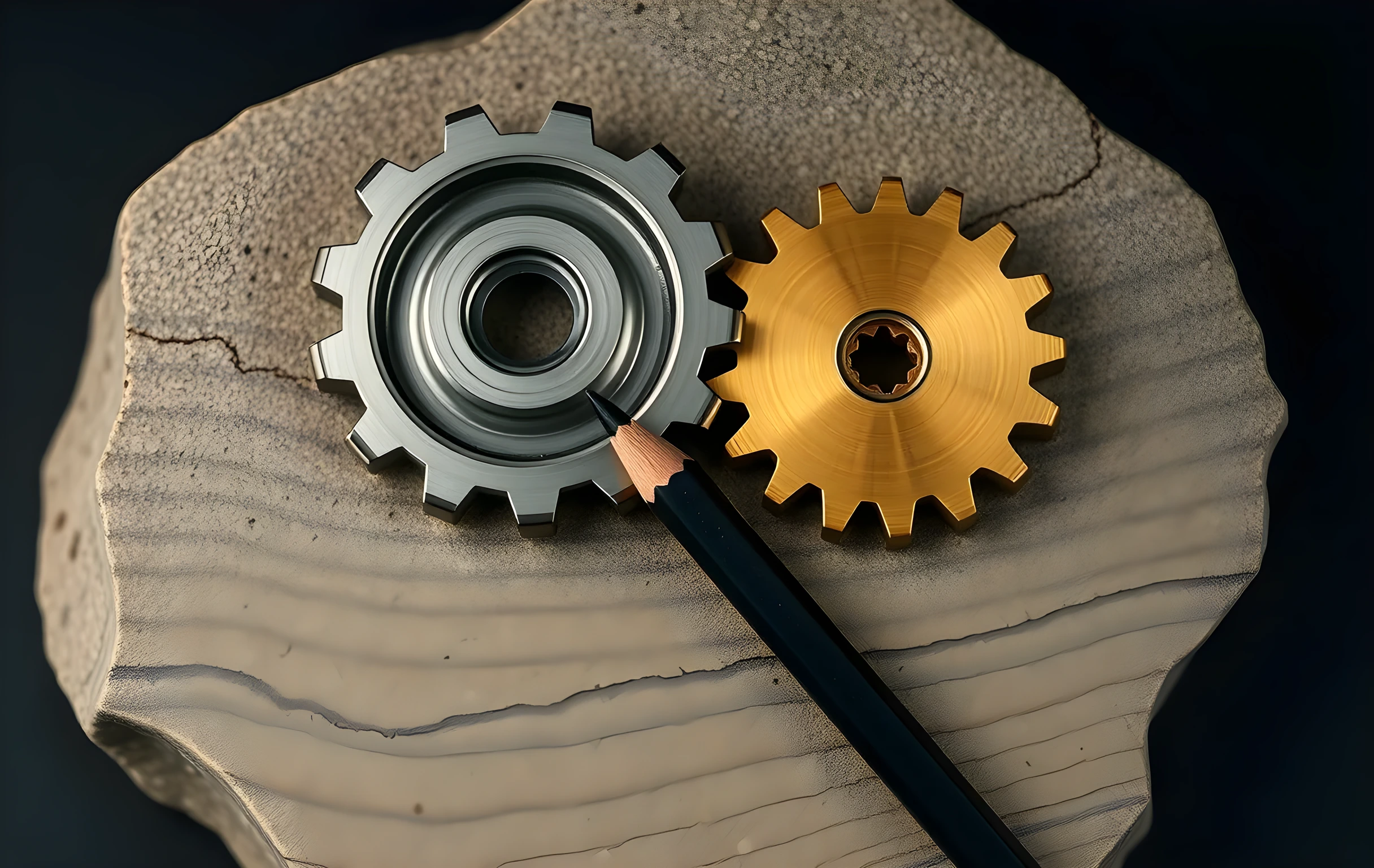 A tight close-up of two meshing gears, one large in brushed steel and one small in warm brass, resting on a flat slab of fine-grain sandstone whose surface shows faint parallel scoring marks. Two sharpened graphite pencils lie crossed beside the gears, their tips worn to fine points, their wooden barrels showing pencil shavings at the break. The stone edge catches soft directional light from the left, and the overall palette is warm earth tones with metallic highlights