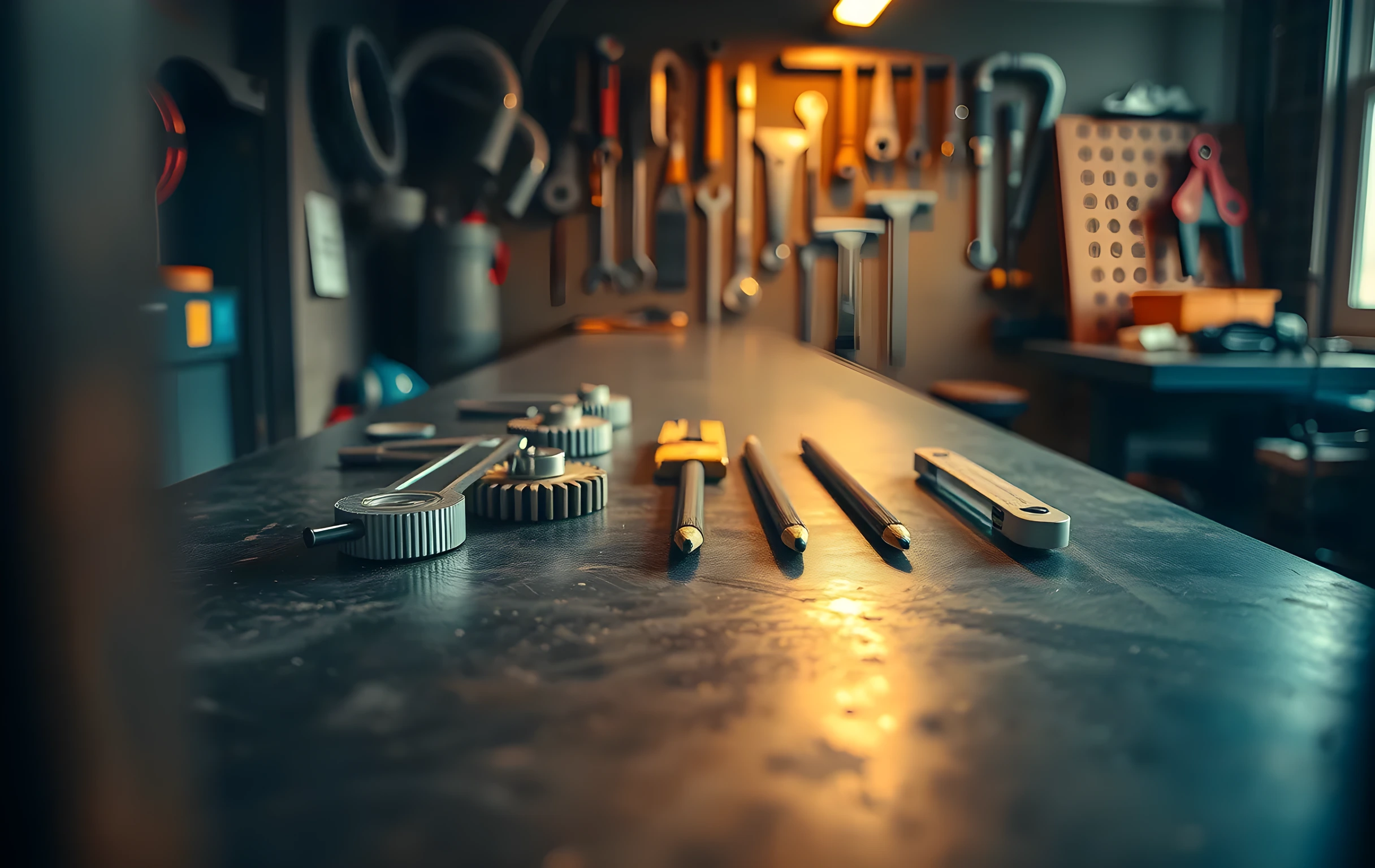 A long steel workbench in a quiet precision-machining workshop, viewed from a low angle along its full length. Calipers, three gear assemblies of decreasing size, a brass spirit level, and five sharpened pencils lie spaced evenly across the metal surface. Warm overhead tungsten light casts long soft shadows between each object. The background shows a softly blurred wall of hanging hand tools. No people, no text, no screens