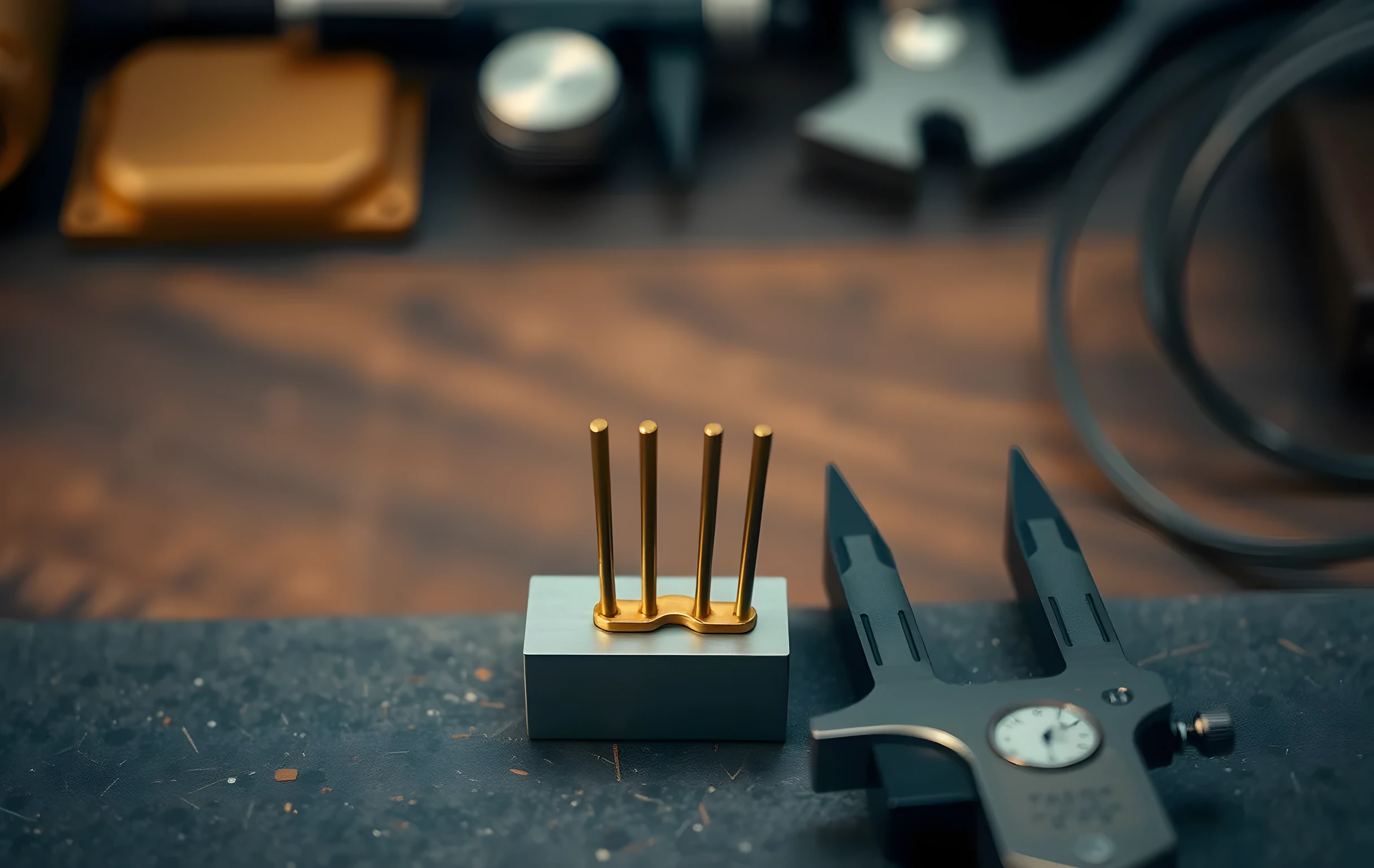 A single bronze tuning fork resting on a small machined steel plate beside a pair of closed precision calipers, shot from directly above with very shallow depth of field. The background dissolves into a smooth warm bokeh of indistinct workshop shapes and muted amber tones. The metal surfaces show fine machining marks. No text, no people, no screens