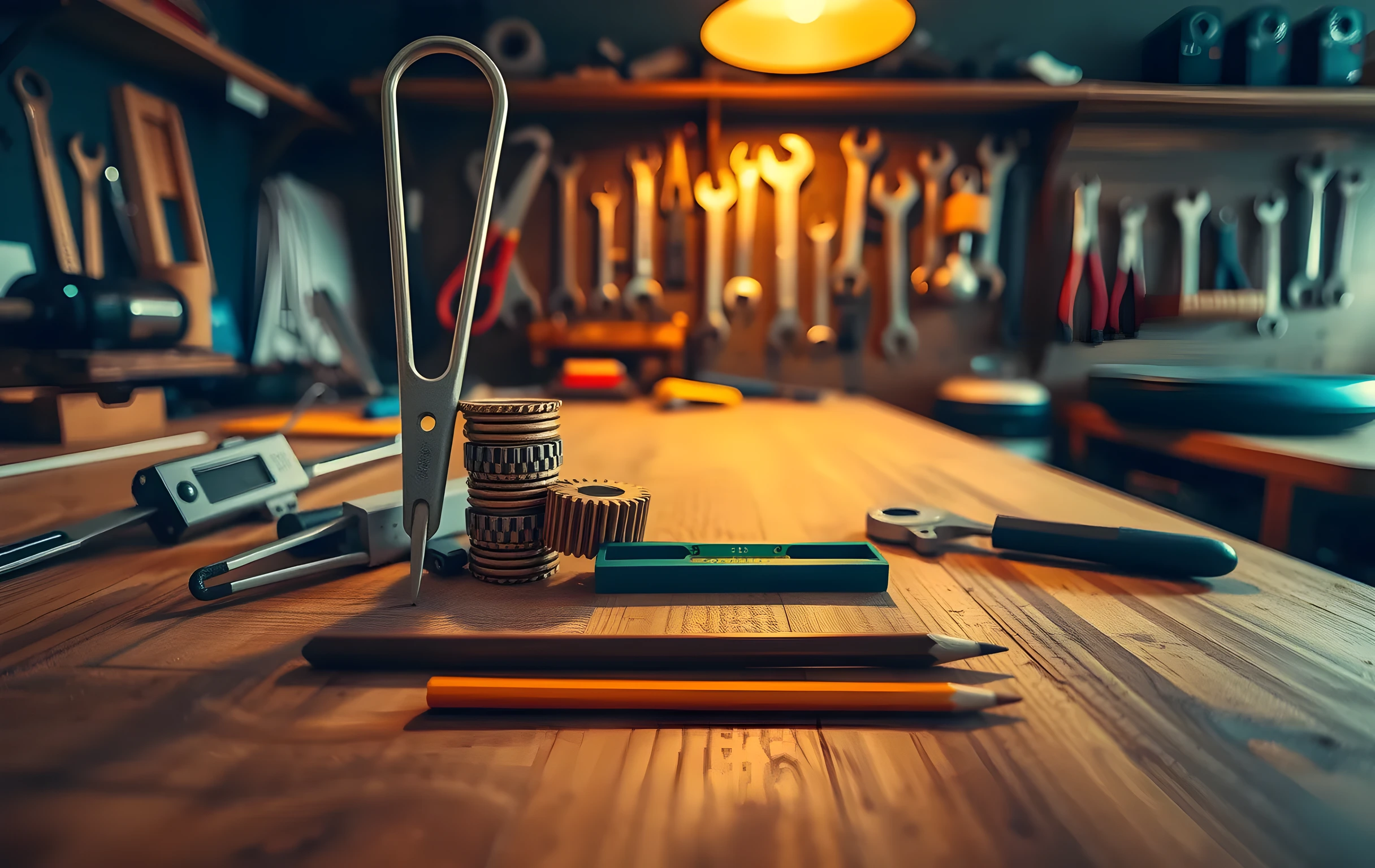 A cluttered workshop bench in warm amber lamplight: a large brass tuning fork propped against a neat stack of steel calipers, a small green spirit level, three scattered copper gears of varying sizes, and a sharpened drafting pencil lying diagonally across the wood grain. Blurred shelves of hanging wrenches and pliers fill the background. No text, no screens, no faces