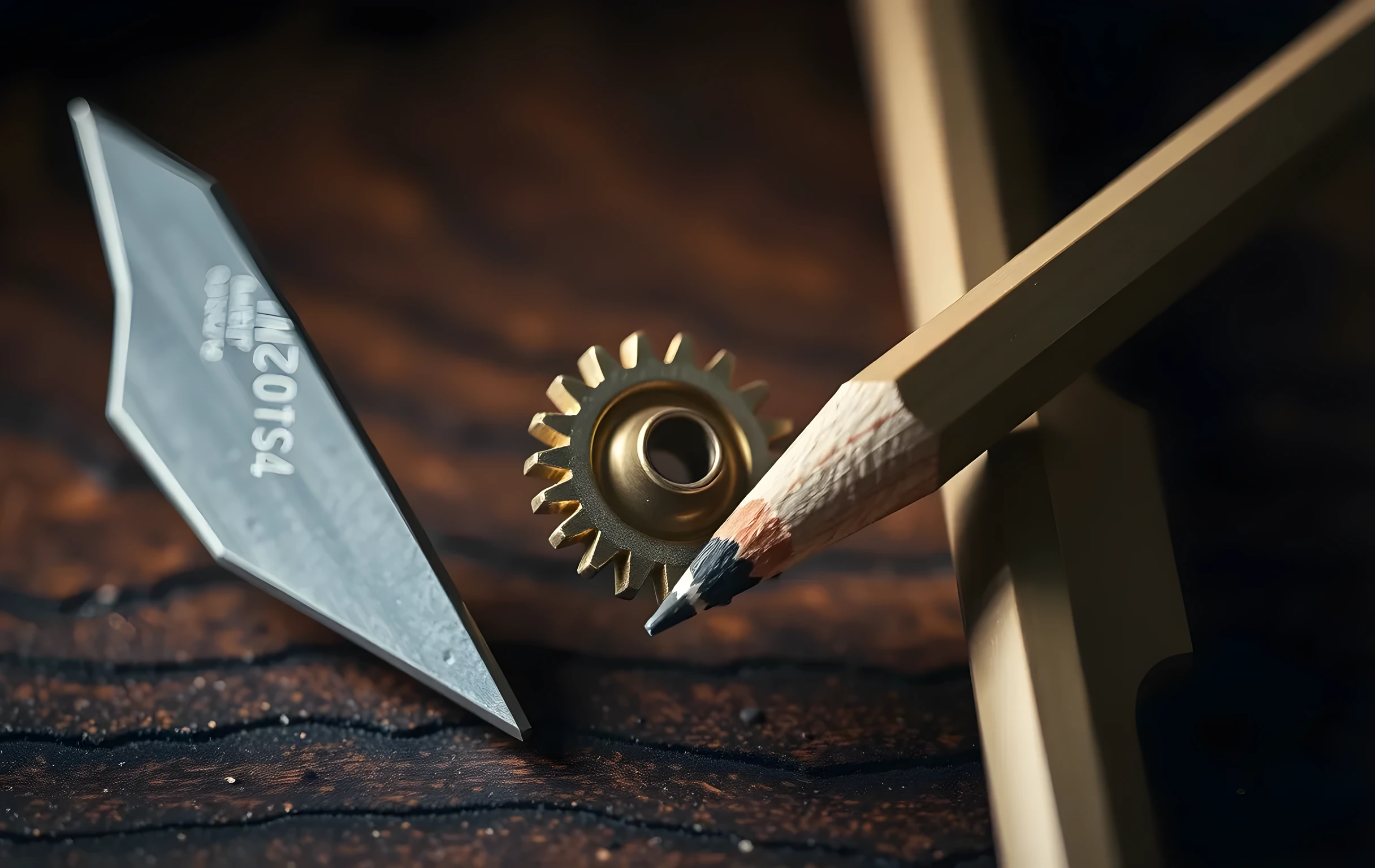 A tight close-up of silver precision calipers clamped around a single small brass gear resting on dark walnut wood, the worn graphite tip of a sharpened pencil pressed flat against one caliper jaw. Cool directional light from the upper left throws long sharp shadows across the wood grain. No text, no screens, no faces, no hands