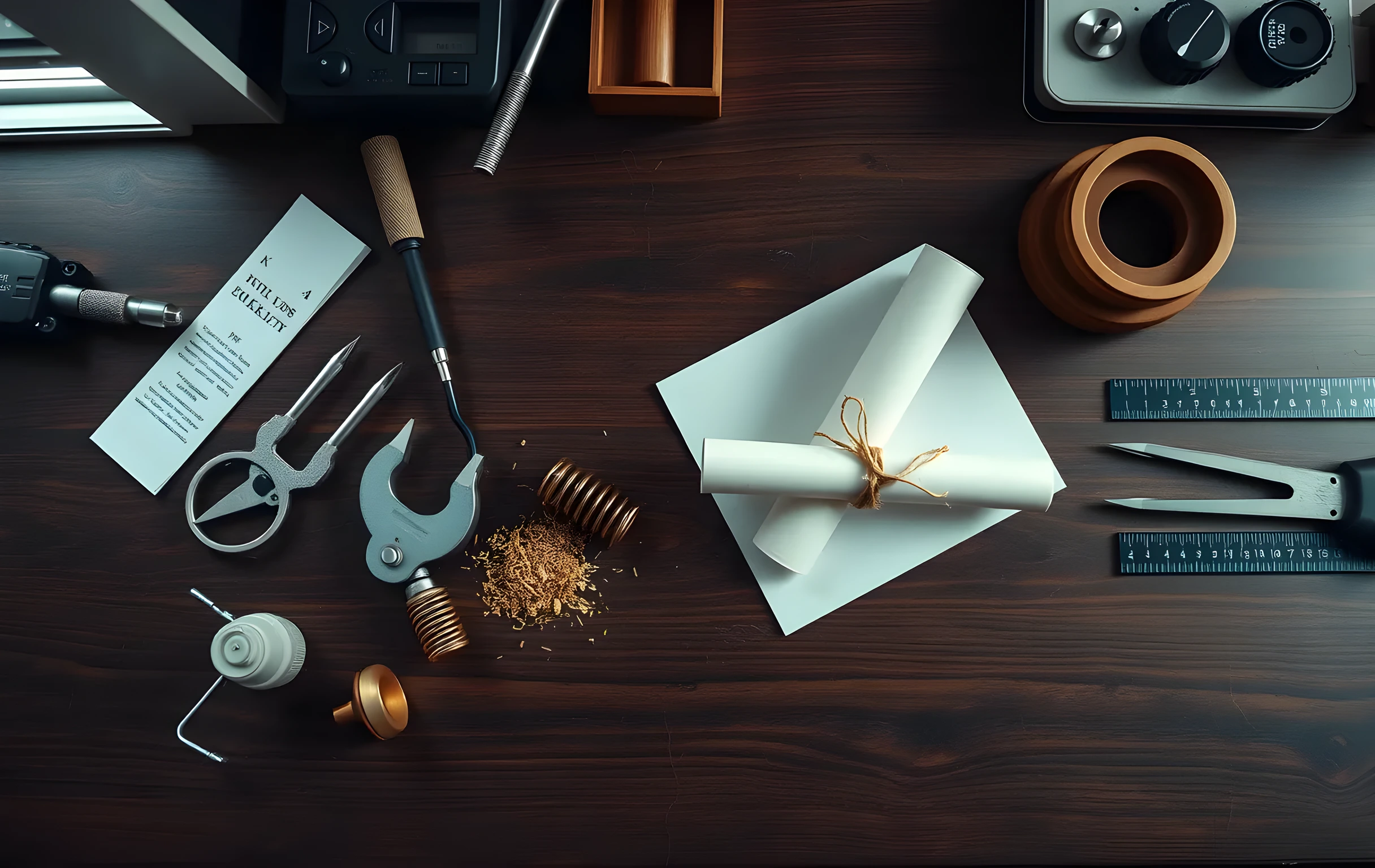 A wide overhead view of a dark walnut workbench in a quiet morning workshop, scattered with precision steel calipers, a small brass tuning fork, two rolled blueprints tied with natural twine, a coiled bronze spring, and fine metal shavings catching warm window light streaming in from the left; no text, no screens, no people