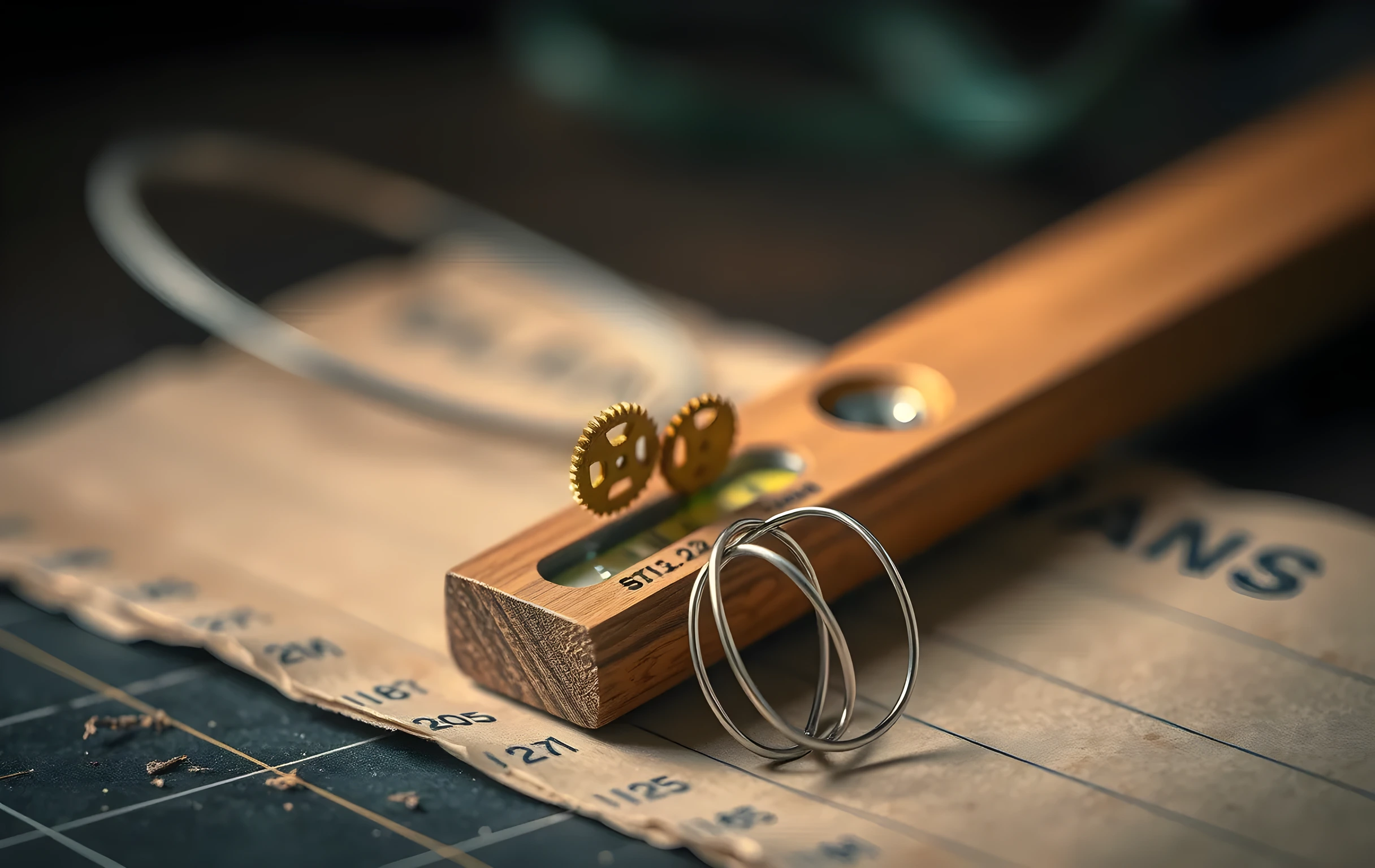A tight macro shot of a single sharpened graphite pencil balanced on the edge of a small wooden spirit level, surrounded by three tiny interlocking brass gears and a thin steel wire bent into a loose spiral, all resting on aged kraft paper with faint grid lines; shallow depth of field, soft golden backlight, no text, no people