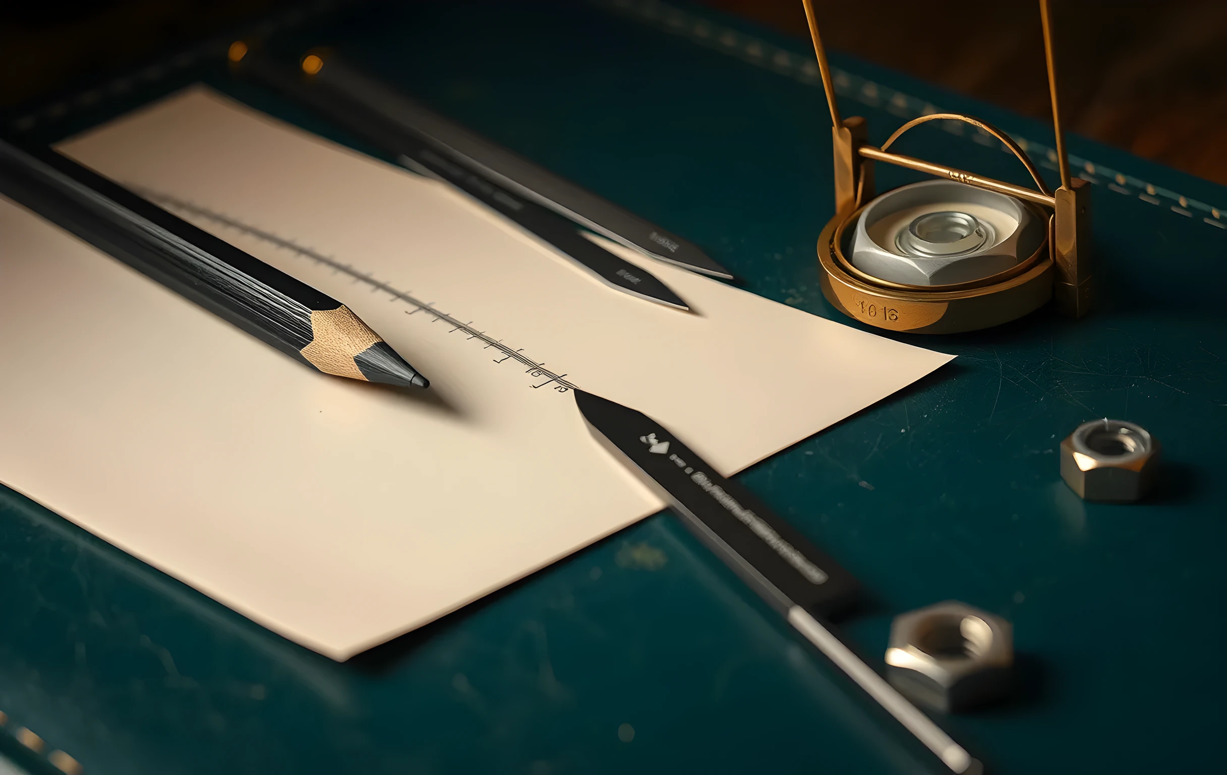 A tight close-up on a dark green leather mat where a freshly sharpened graphite pencil tip presses a clean line into heavy cream drafting paper, the shavings curling away in tiny ribbons. Beside it lie two steel scribes parallel to each other, a small brass balance scale with two weighted pans holding nothing, and a single hexagonal nut resting on its flat face. Shallow depth of field blurs the edges of the mat into warm shadow. The scene is still, precise, and intimate, focused on the instruments of measurement and exactness