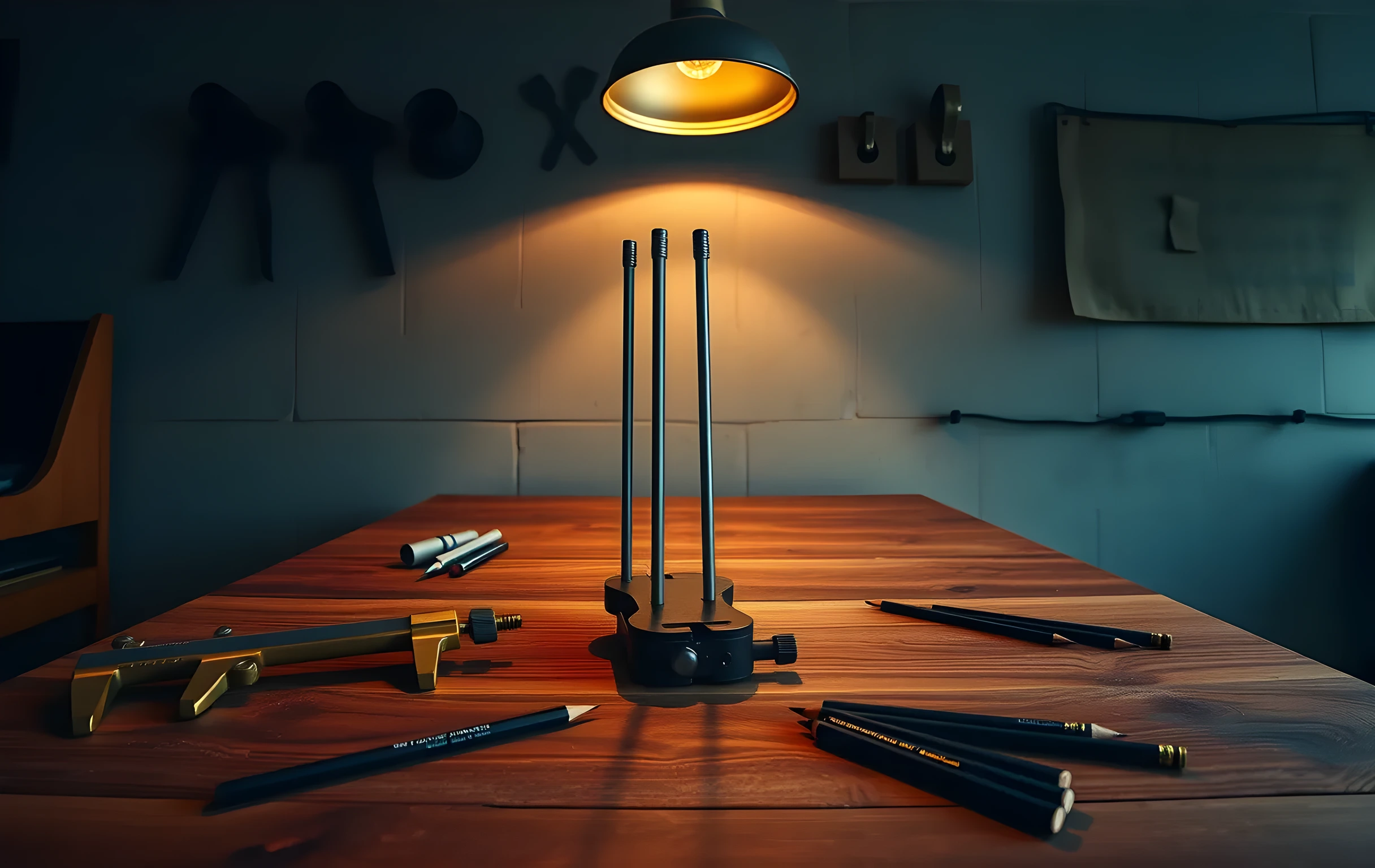 A wide view of a dimly lit industrial workshop bench: brass calipers with open jaws resting on a worn walnut surface, three tuning forks of different sizes standing upright in a row, a steel clamp holding two rolled-up drafting tubes, and a scattering of sharpened graphite pencils in various lengths. A single warm overhead work lamp casts long amber shadows across the back wall of bare concrete. No people, no text, no screens