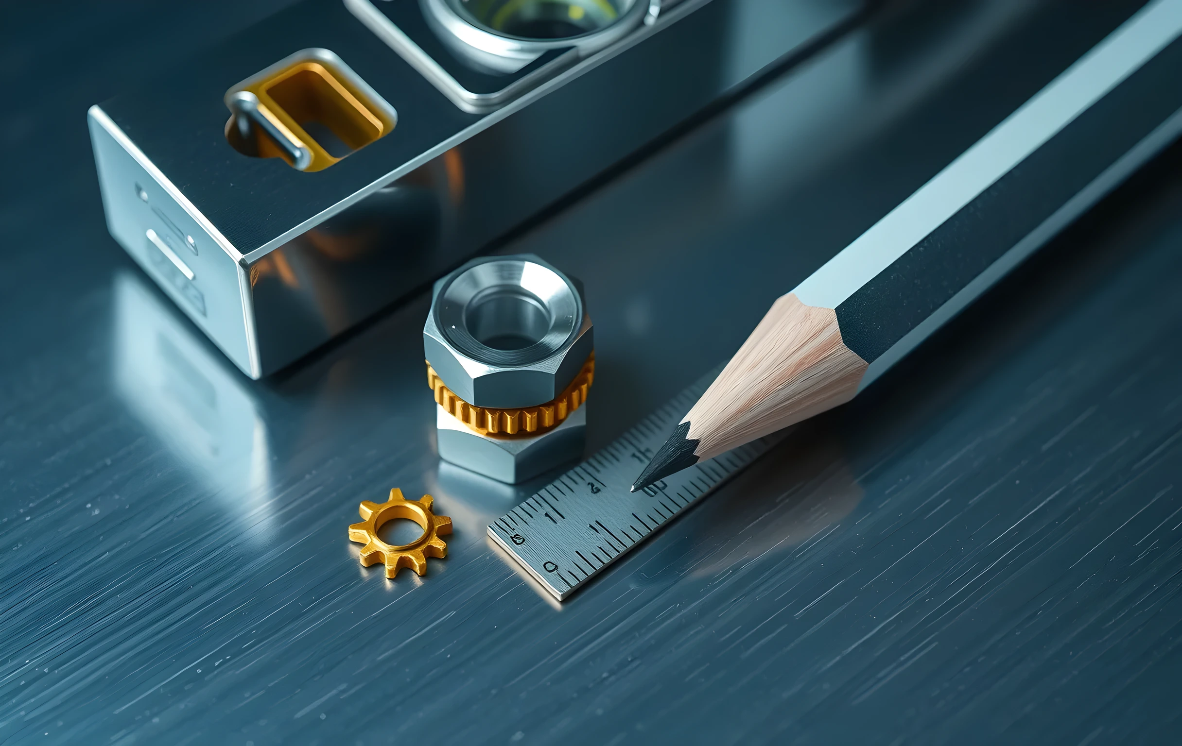 A tight close-up on a machined aluminum surface: a precision steel spirit level with a clear vial resting across a neat stack of five hexagonal metal washers, two tiny brass calibration gears lying beside it, and the sharp tip of a single graphite pencil touching the edge of an etched ruler. Cool blue-grey light from the left creates thin metallic highlights on the gear teeth. No people, no text, no screens