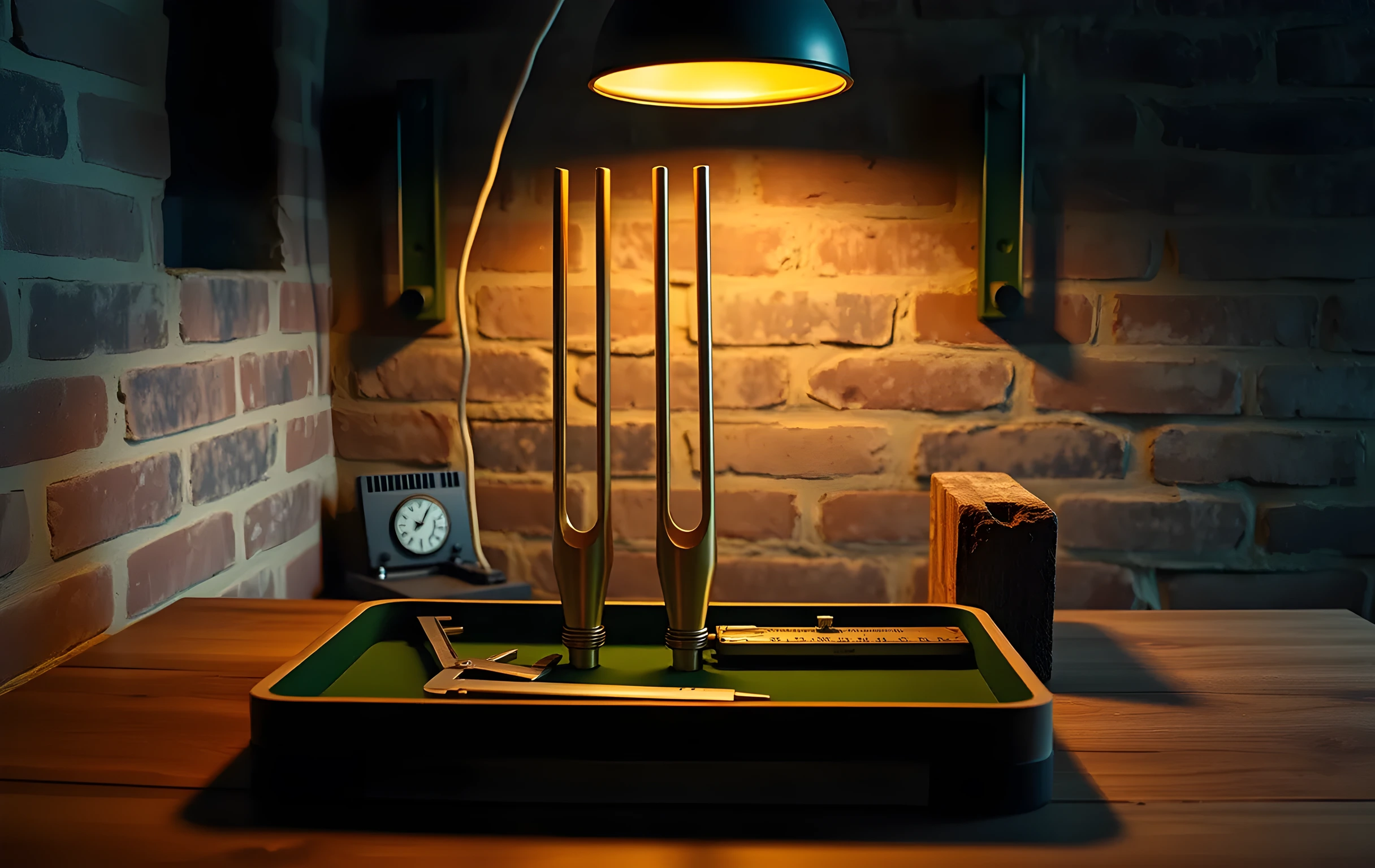 A wide-angle view of a small calibration workshop corner: three brass tuning forks of increasing length arranged in a row on a dark green felt-lined tray, a pair of open steel calipers resting beside them, a wooden spirit level propped against a rough-hewn block, all bathed in warm amber task-light from a single overhead lamp, exposed brick wall in the background with faint dust motes catching the light
