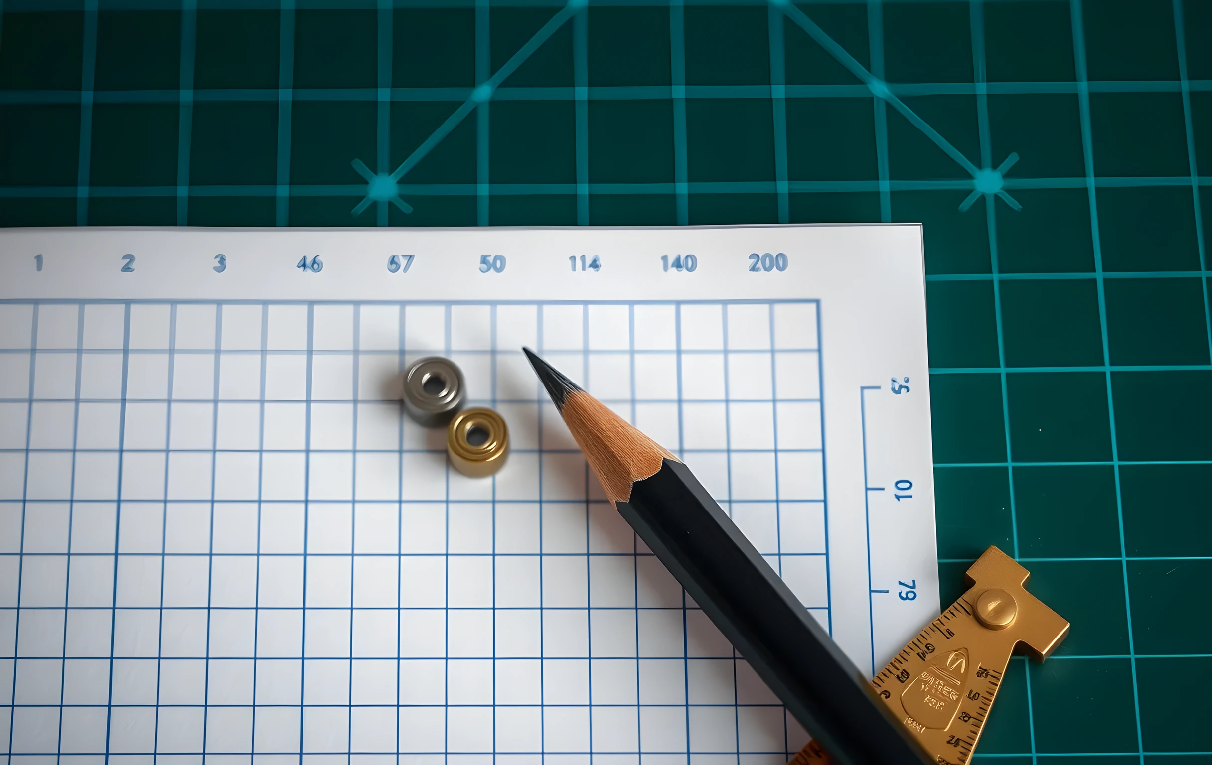 A tight close-up on a dark green cutting mat surface: a single sharpened drafting pencil lying diagonally across fine cross-hatched graph paper, its graphite tip worn to a precise needle point, two tiny polished steel ball bearings nestled near the eraser end, and a small brass protractor half-visible at the frame edge, shallow depth of field blurring the background into soft shadow