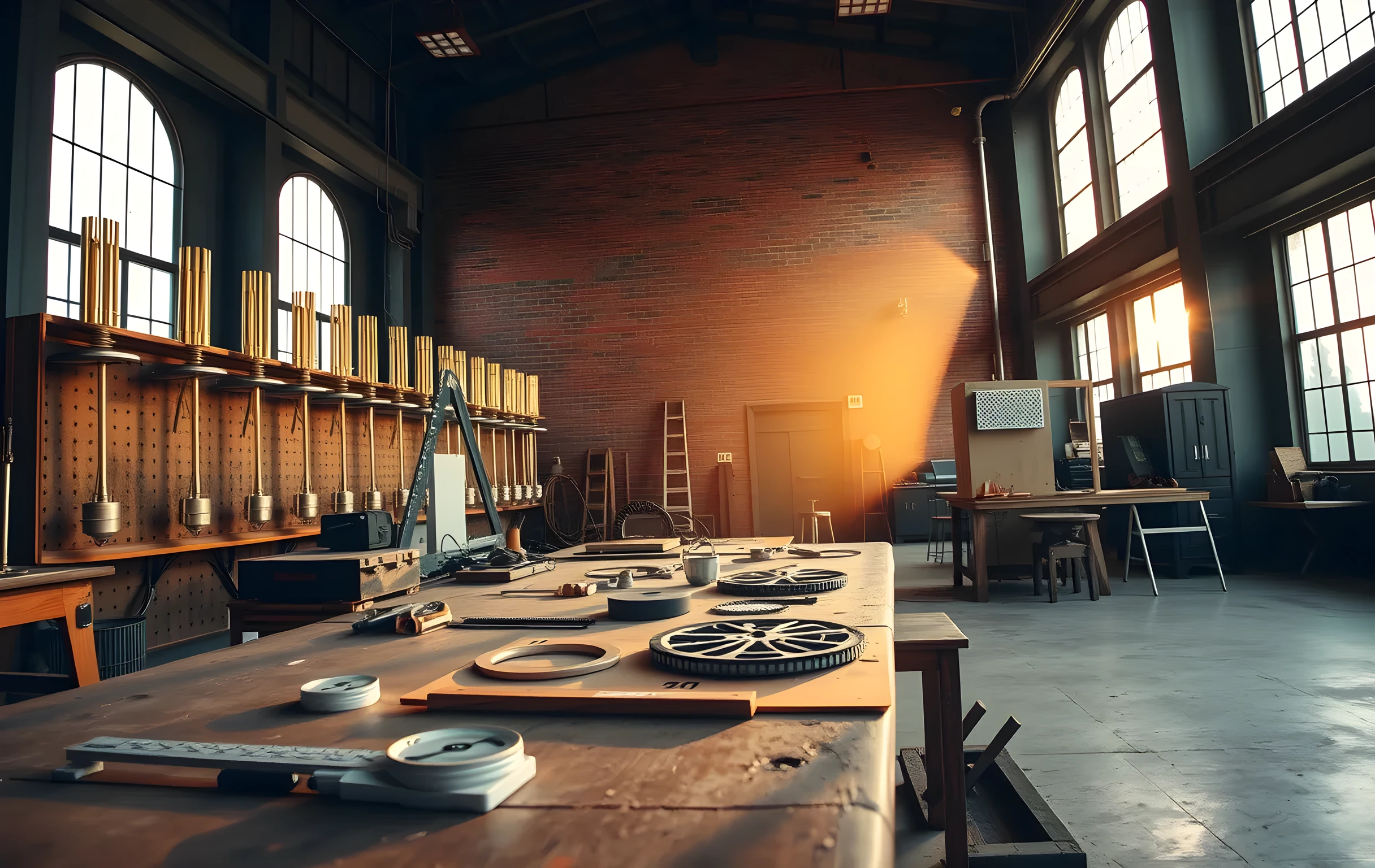 A high-ceilinged calibration workshop bathed in warm late-afternoon light streaming through tall industrial windows, brass tuning forks mounted on a curved wooden rack along the back wall, steel calipers and glass spirit levels resting on a long rough-hewn workbench, scattered copper gears catching golden highlights, a large drafting compass standing upright among the tools, the floor worn smooth with decades of use, no people, no text, wide environmental framing