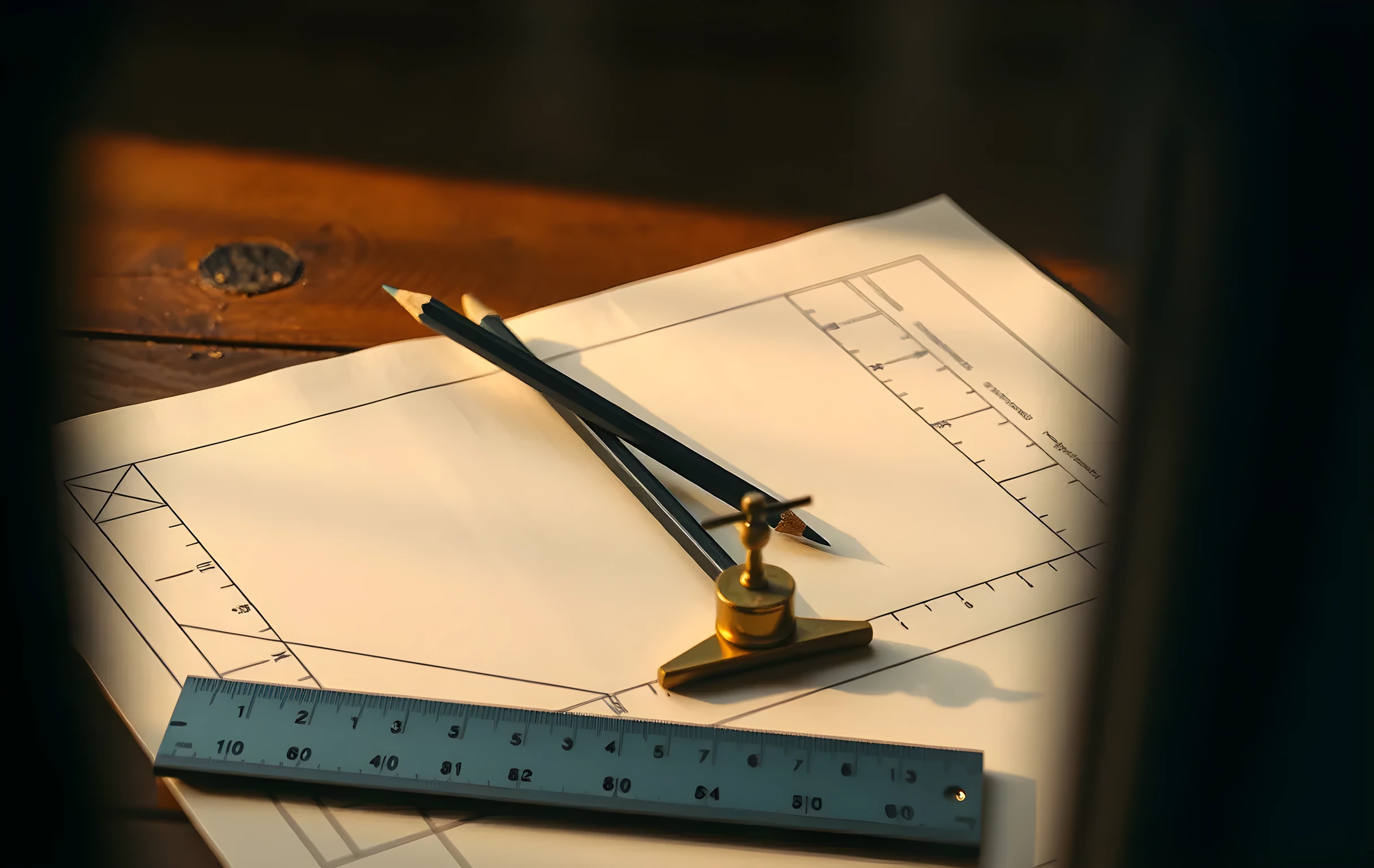 A tight close-up of two sharpened graphite pencils crossed in an X over a sheet of rough cream-colored drafting paper marked with faint geometric construction lines, a small brass balance scale resting beside them with its pans empty, a single steel ruler angled across the lower frame, warm side-lighting casting long soft shadows, the grain of the paper clearly visible, no text, no hands, intimate macro detail framing