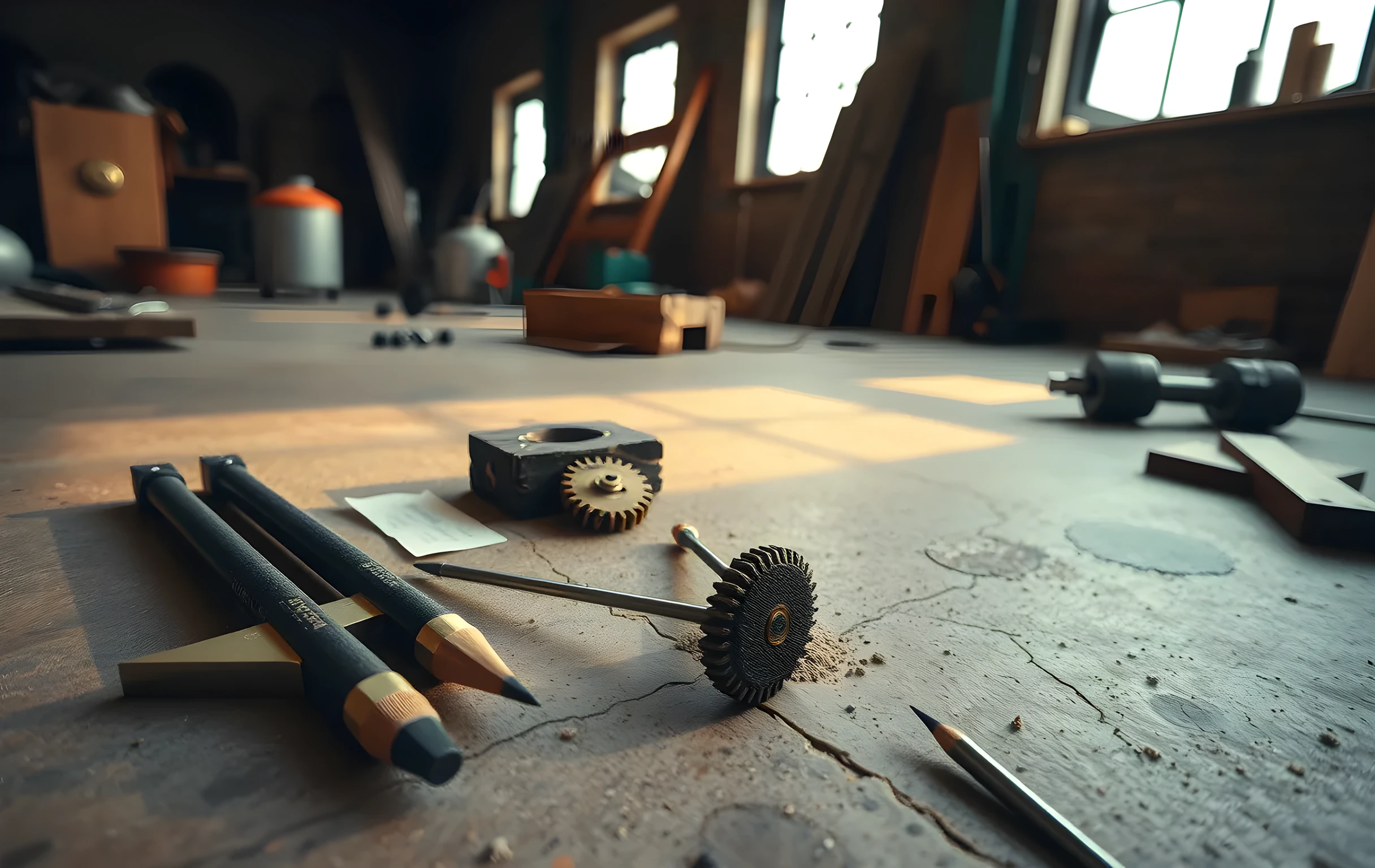 A wide-angle view of a craftsman's workshop floor in warm morning light: brass calipers, a steel tuning fork, two wooden spirit levels, and a small cluster of interlocking bronze gears scattered across bare concrete, with a sharpened graphite drafting pencil leaning against a rough-hewn wood block in the foreground, dust motes visible in the light shafts from tall windows