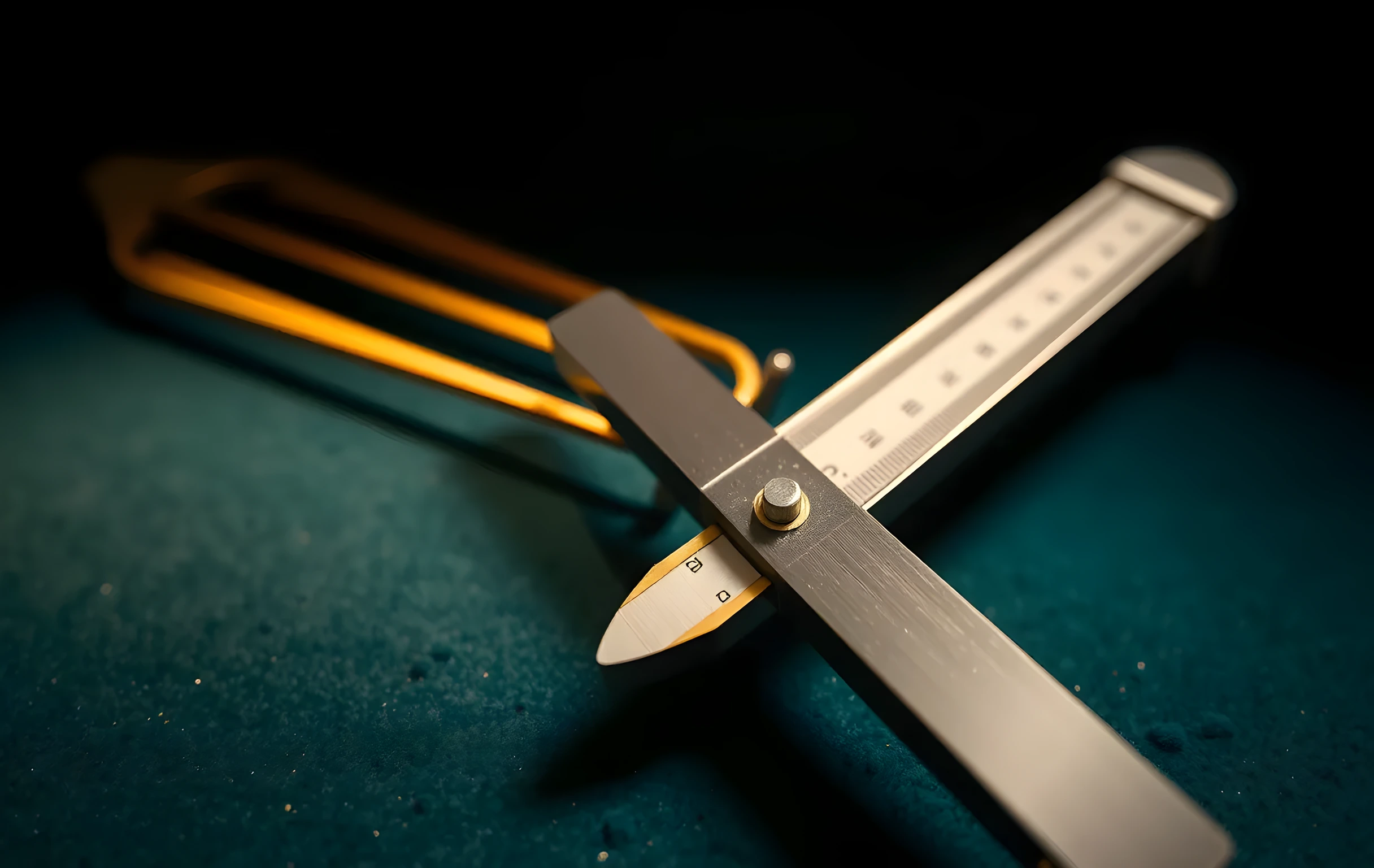 A tight close-up of brass caliper jaws clamped around a slender polished steel rod, resting on a dark green felt surface under warm directional side-light, with the tines of a tuning fork lying at a diagonal angle in the soft-focus background, shallow depth of field isolating the caliper mechanism, no text visible anywhere