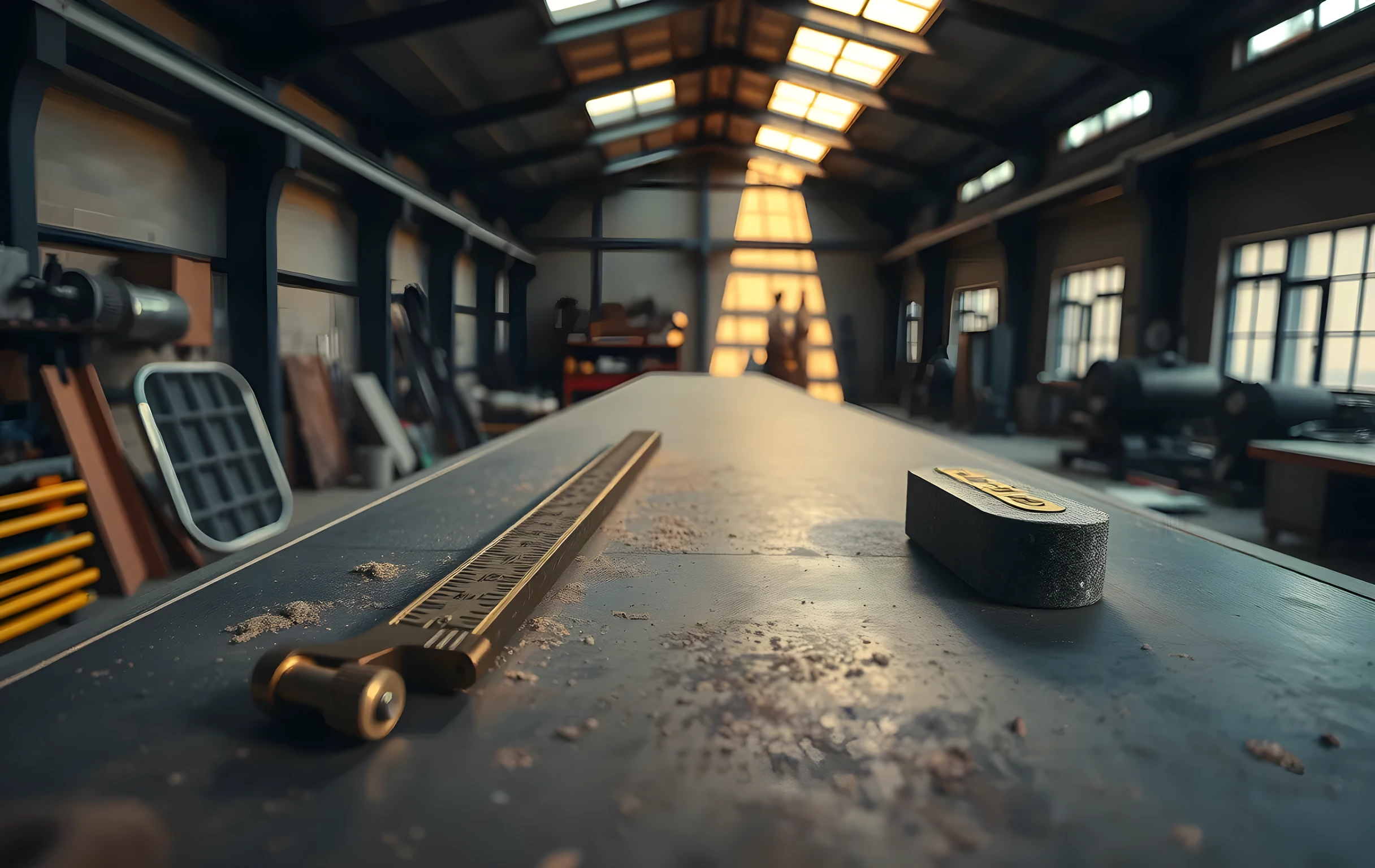 A long steel workbench stretching across a high-ceilinged industrial workshop, with brass calipers, a tuning fork, and a heavy granite spirit level arranged in a neat row along the surface, warm directional light cutting through fine dust motes from an overhead skylight, deep shadows at the edges of frame