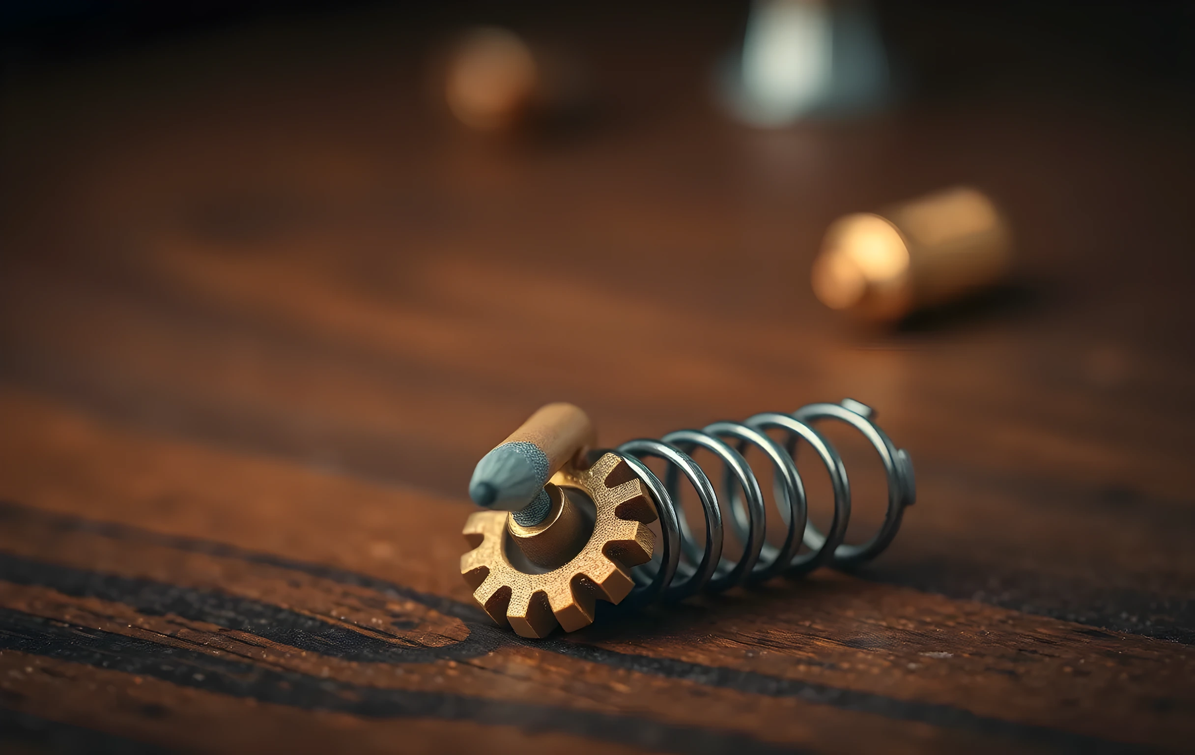 A single sharpened graphite drafting pencil resting on a small machined brass gear beside a tightly coiled steel spring, extreme close-up with shallow depth of field, warm amber light raking across dark walnut wood grain, soft bokeh in the background